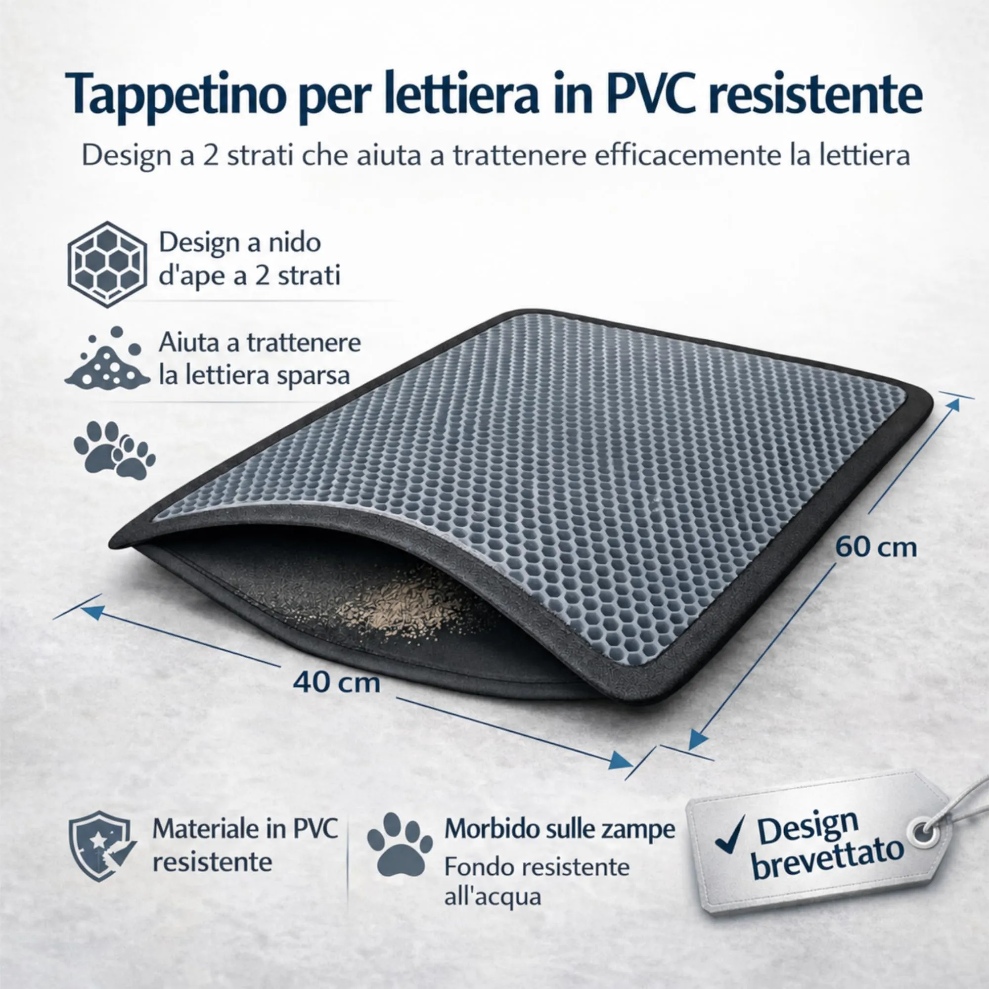 Blue Eyes Tappetino per lettiera per gatti, 40 x 60 cm, motivo a nido d'ape, impermeabile, a doppio strato, design a nido d'ape, colore: grigio 6040 - immagine 2