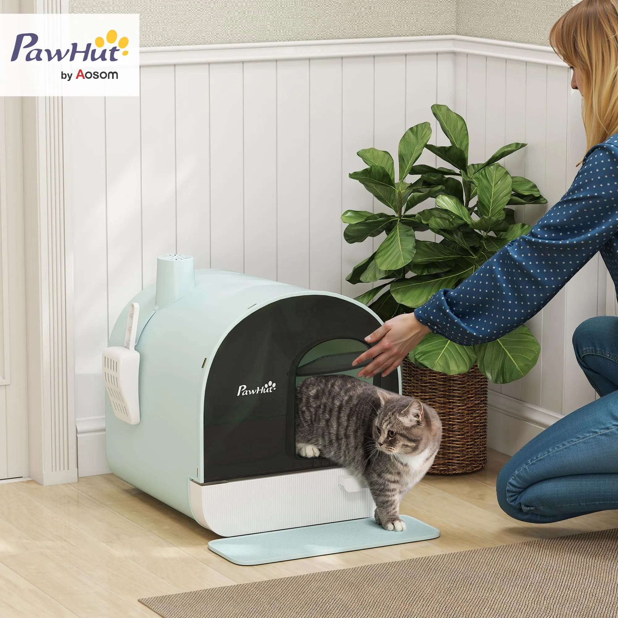 PawHut Lettiera per Gatti Chiusa, Vassoio Estraibile, Verde Bianco Nero - immagine 2