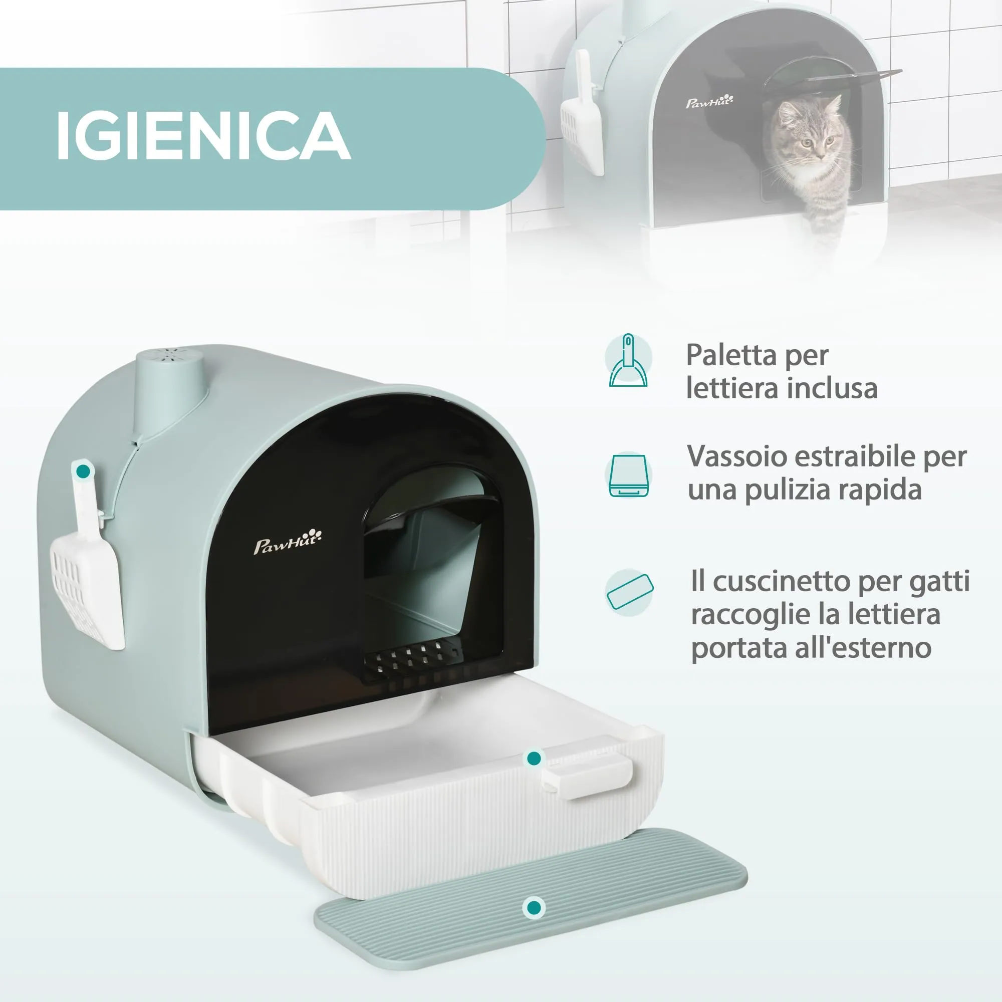 PawHut Lettiera per Gatti Chiusa, Vassoio Estraibile, Verde Bianco Nero - immagine 3