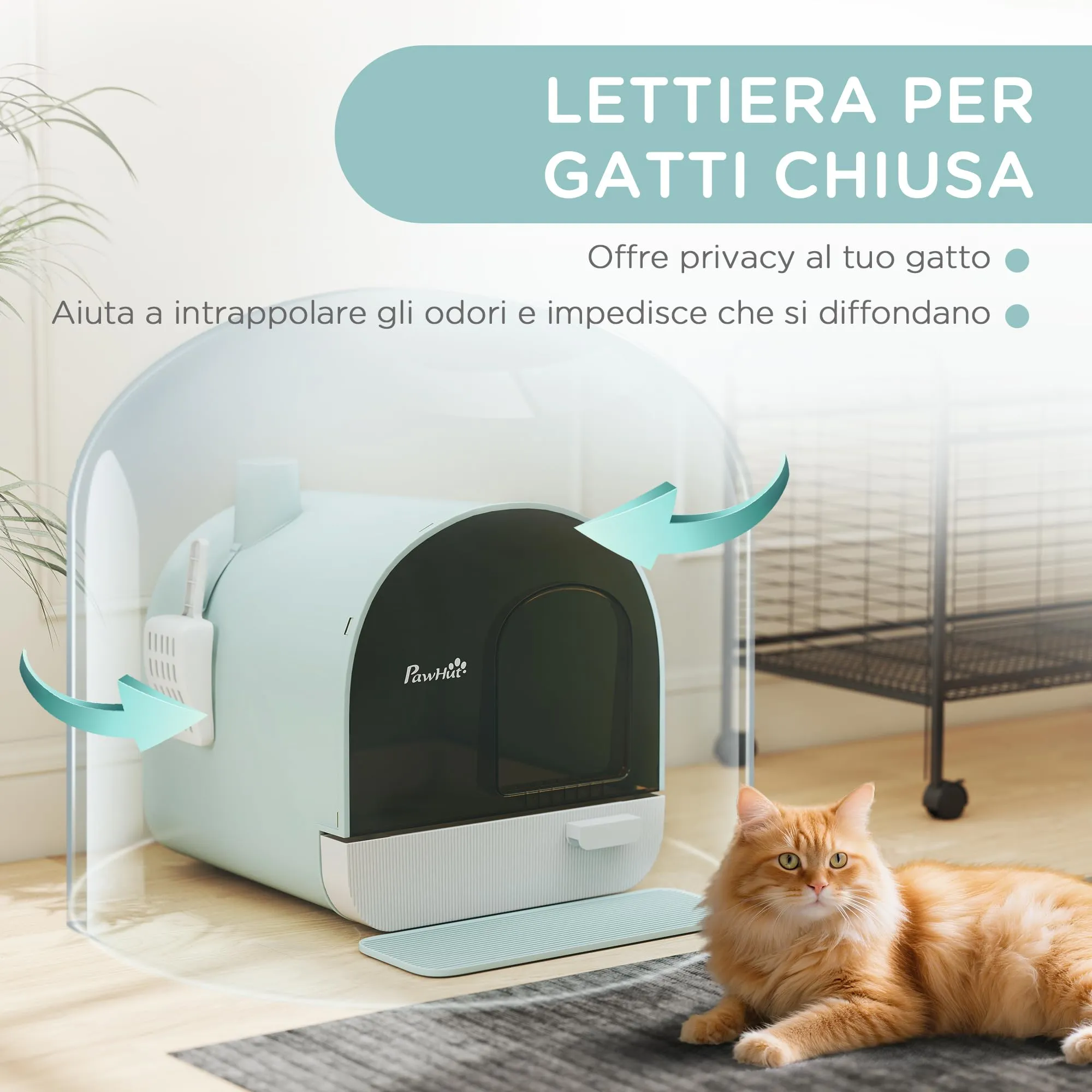 PawHut Lettiera per Gatti Chiusa, Vassoio Estraibile, Verde Bianco Nero - immagine 4