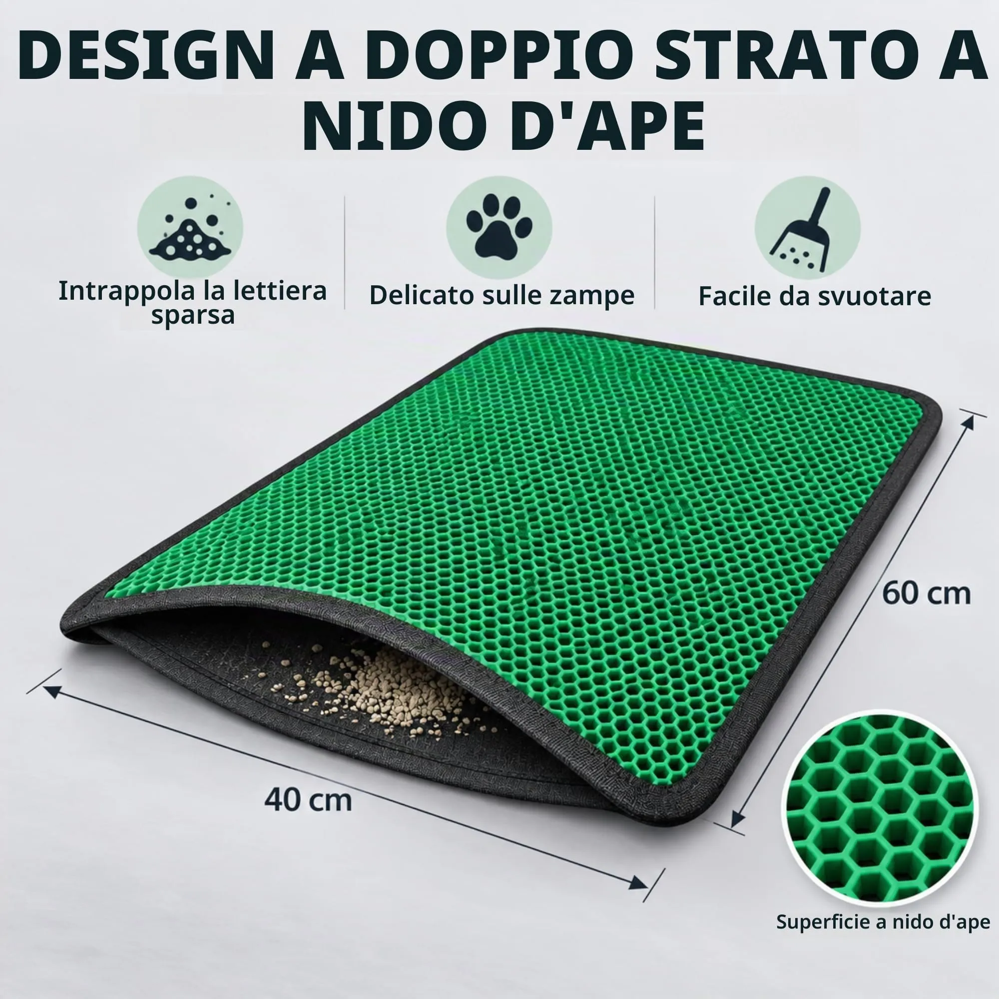 Blue Eyes Tappetino per lettiera per gatti, tappetino per lettiera 40x60 cm, tappetino per lettiera per gatti con design a nido d'ape impermeabile a doppia strato, in stile alveare (Verde-6040) - immagine 3