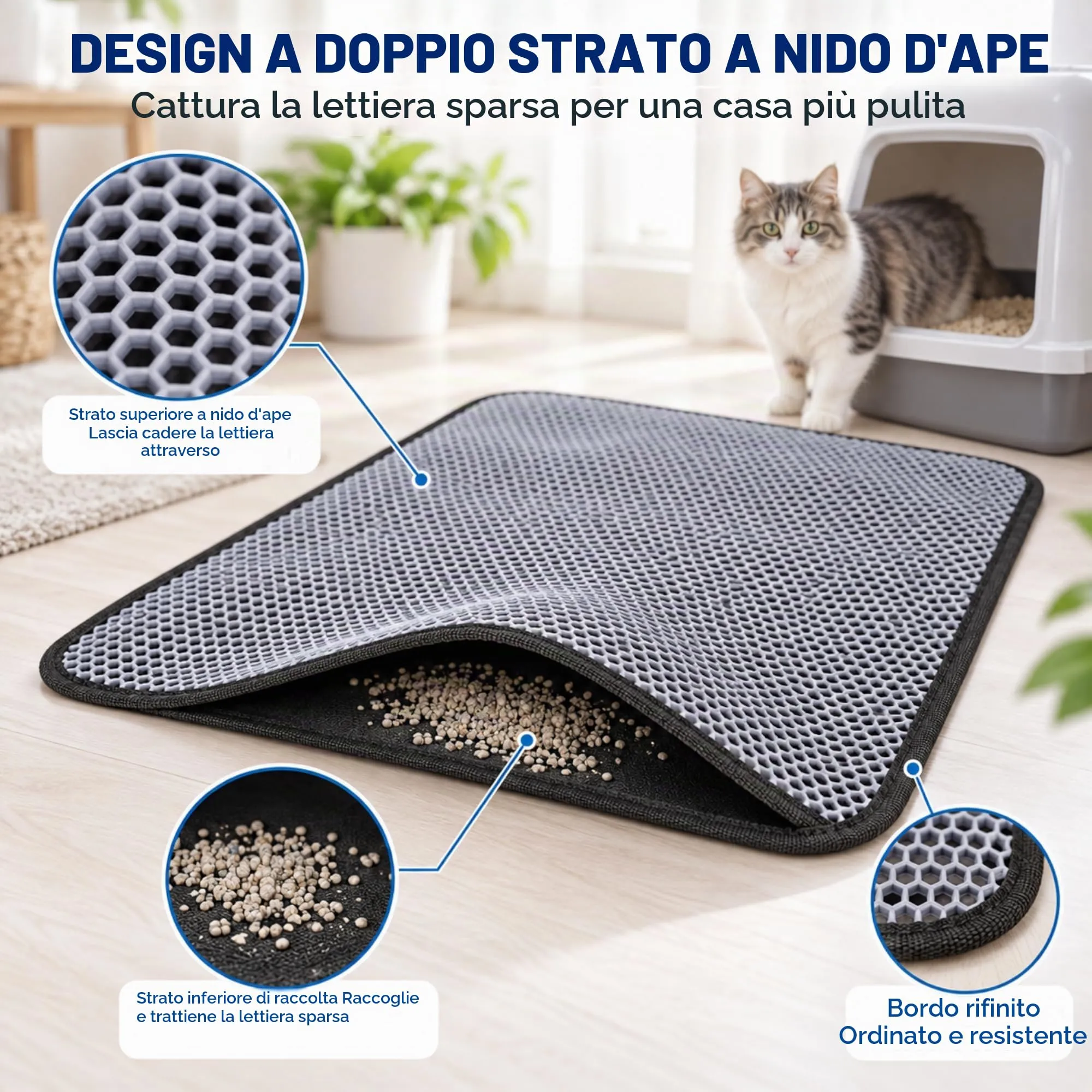Blue Eyes Tappetino per lettiera per gatti, tappetino per lettiera 40x60 cm, tappetino per lettiera per gatti con design a nido d'ape impermeabile a doppia strato, in stile alveare (Verde-6040) - immagine 6