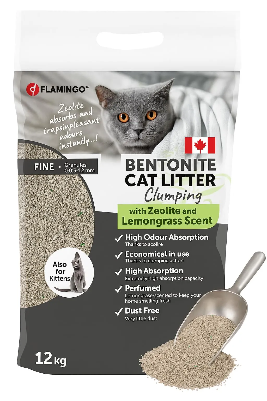 Flamingo Lettiera per gatti - lettiera agglomerante - Profumo di citronella - 12L (12KG) per 10 settimane - Origine Canada - zeolite verde - Ideale per 1 o più gatti - immagine 1