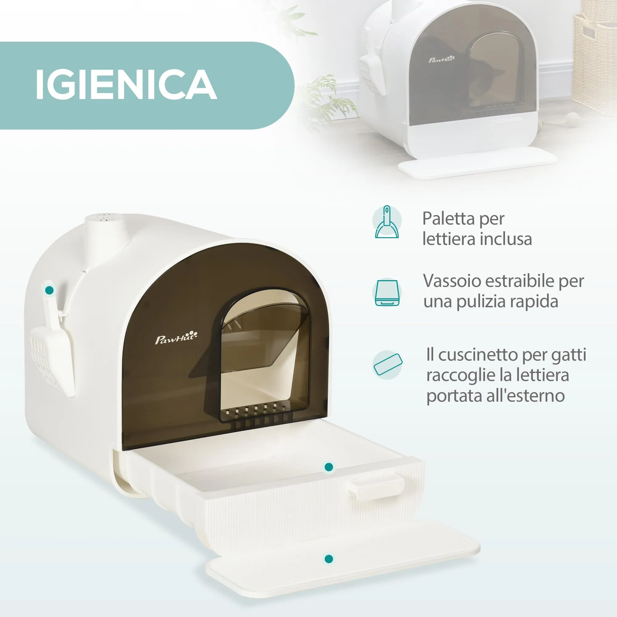 PawHut Lettiera per Gatti Chiusa, Vassoio Estraibile, Bianco e Nero - immagine 3