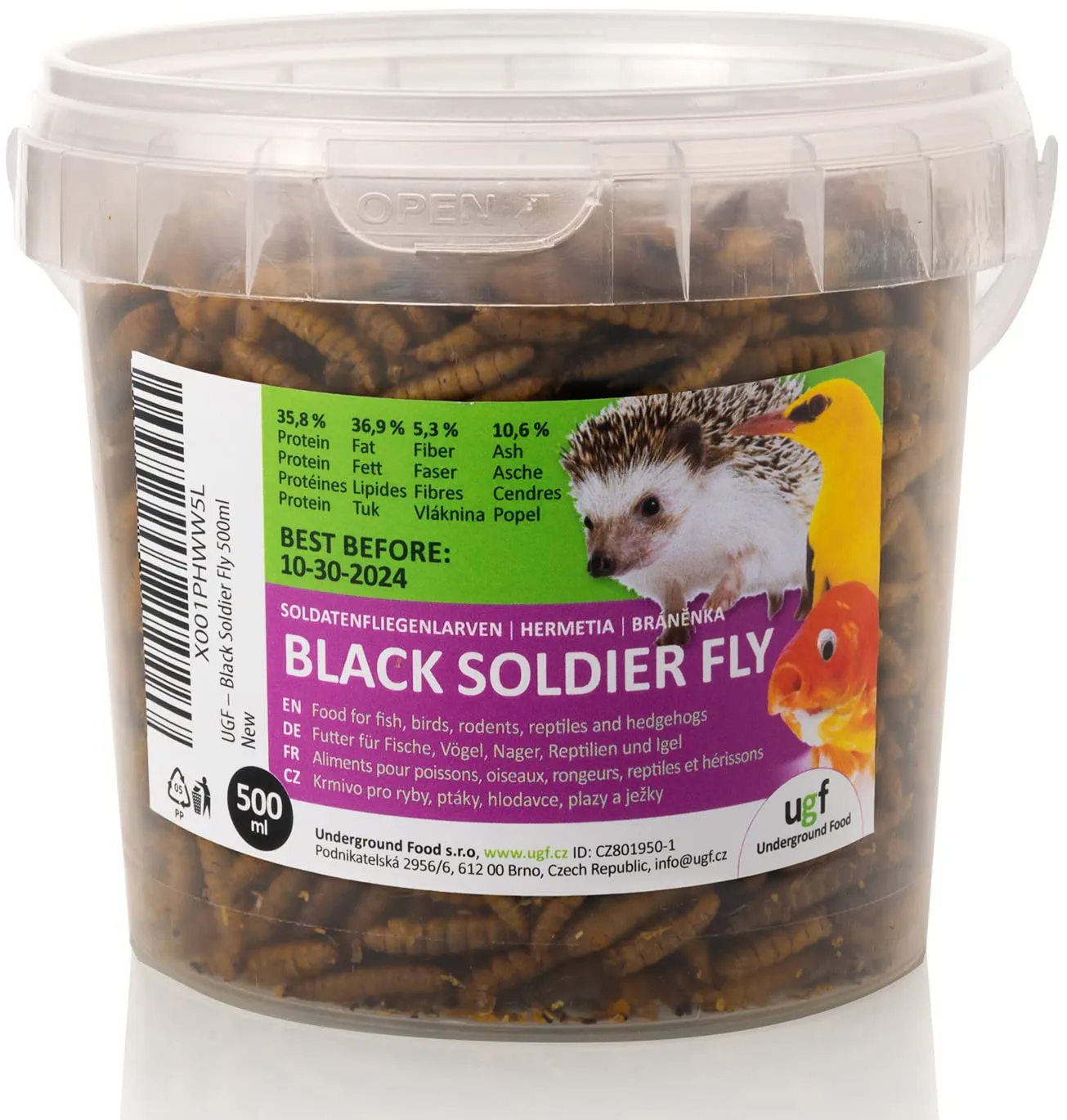 UGF - Larve di mosca soldato essiccate - 75 g in un secchio da 500 ml, Hermetia (simili ai vermi della farina), cibo per uccelli selvatici tutto l'anno, cibo per ricci, quaglie, criceti, pesci - immagine 1