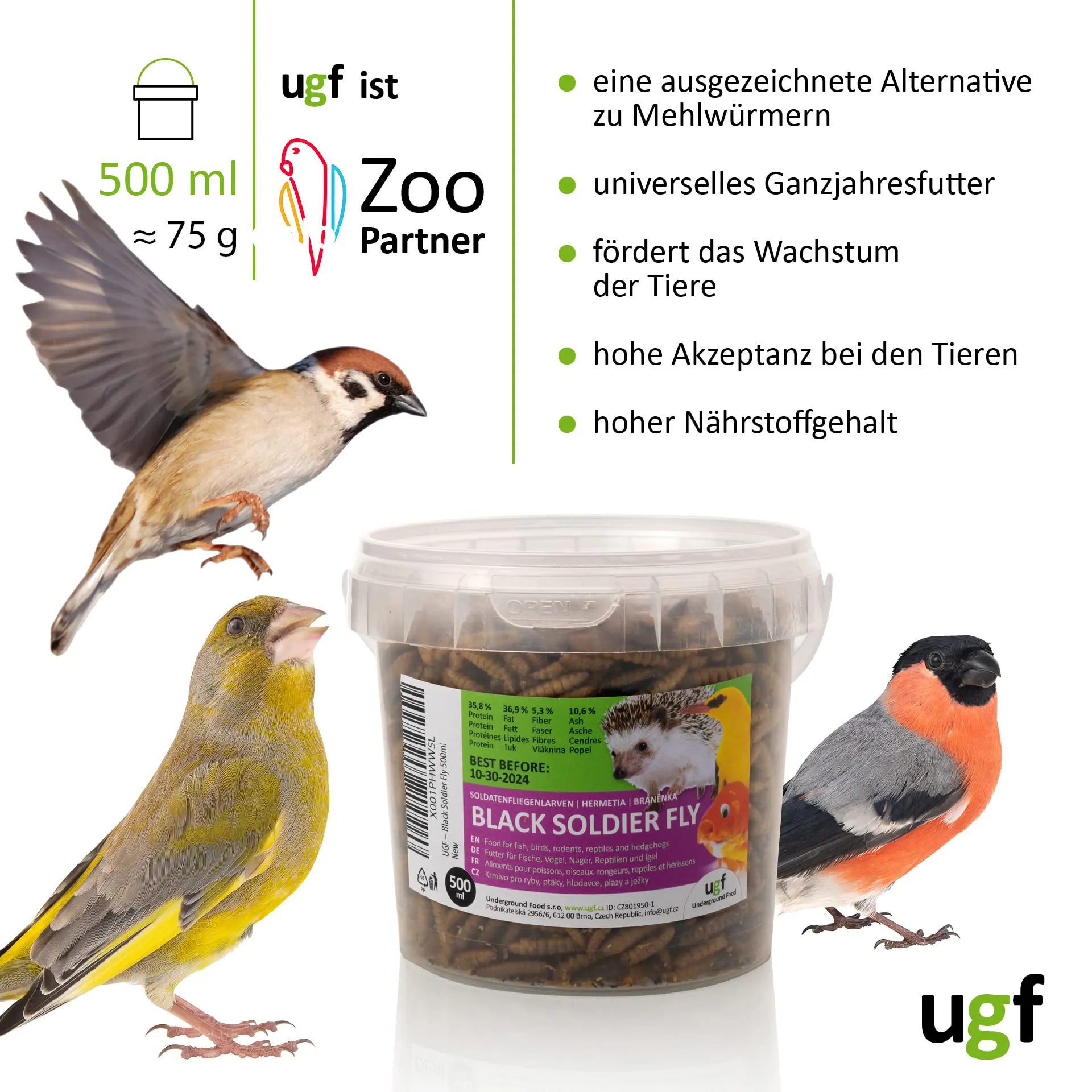 UGF - Larve di mosca soldato essiccate - 75 g in un secchio da 500 ml, Hermetia (simili ai vermi della farina), cibo per uccelli selvatici tutto l'anno, cibo per ricci, quaglie, criceti, pesci - immagine 2