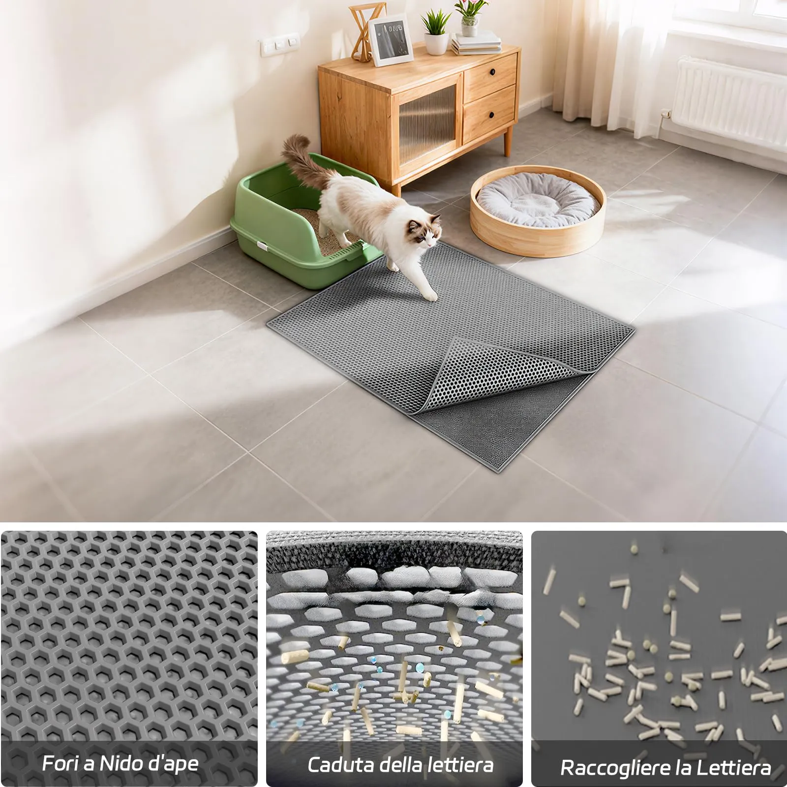 Garoopion Tappetino Lettiera Gatto, Nido d'Ape, Grande 76x61cm, Grigio - immagine 3