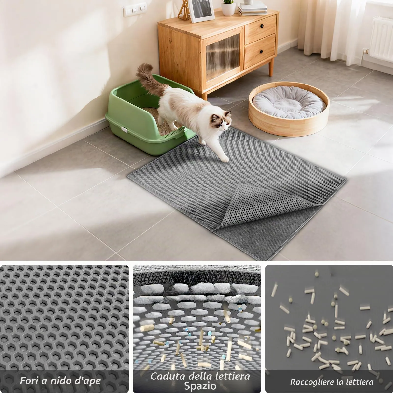 Garoopion Tappetino Lettiera Gatto, Nido d'Ape, Grande 90x76cm, Grigio - immagine 3
