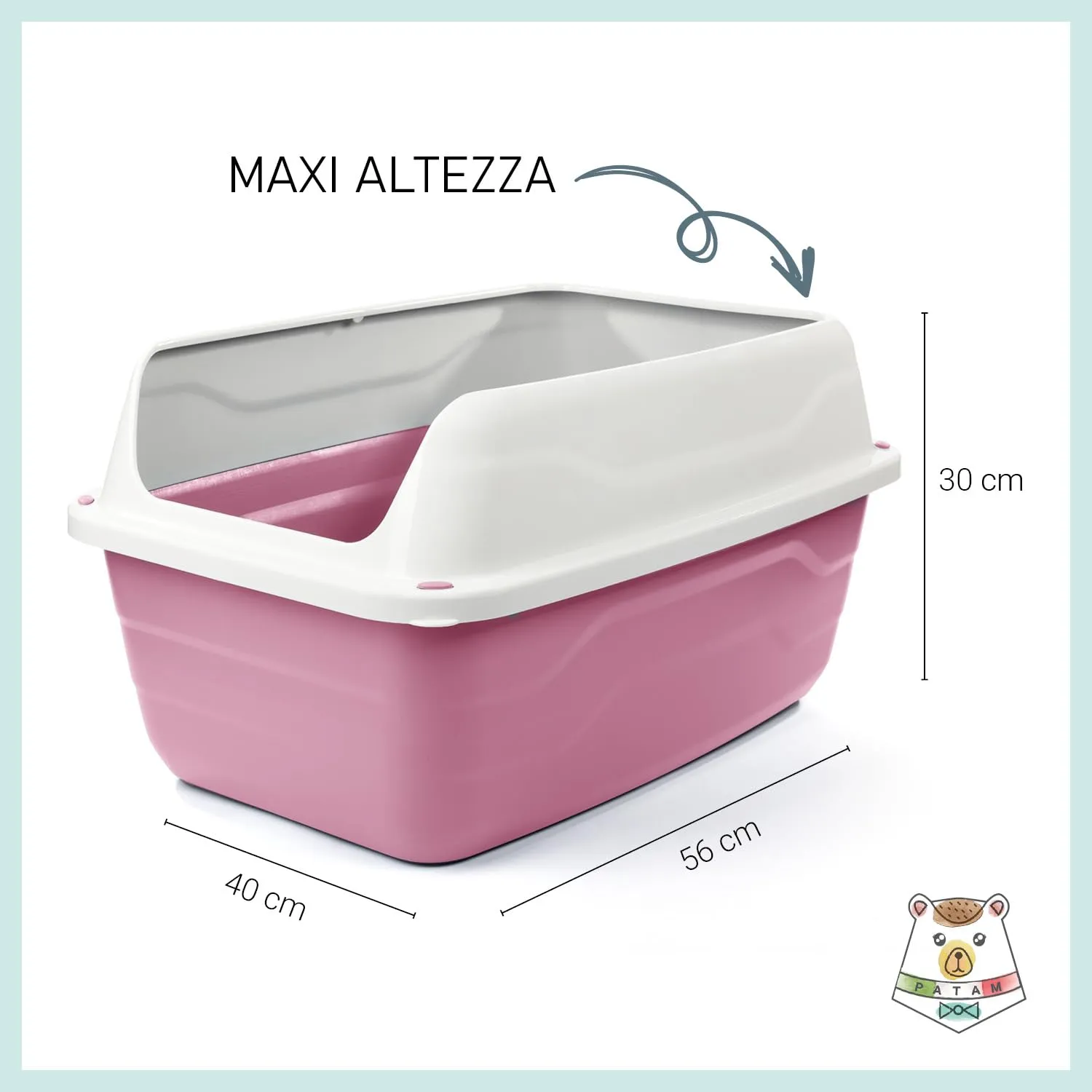 Patam lettiera aperta per gatti con bordi alti e paletta omaggio, 56 cm x 40 cm x 30 cm Made in Italy – Attila Rosa - immagine 4