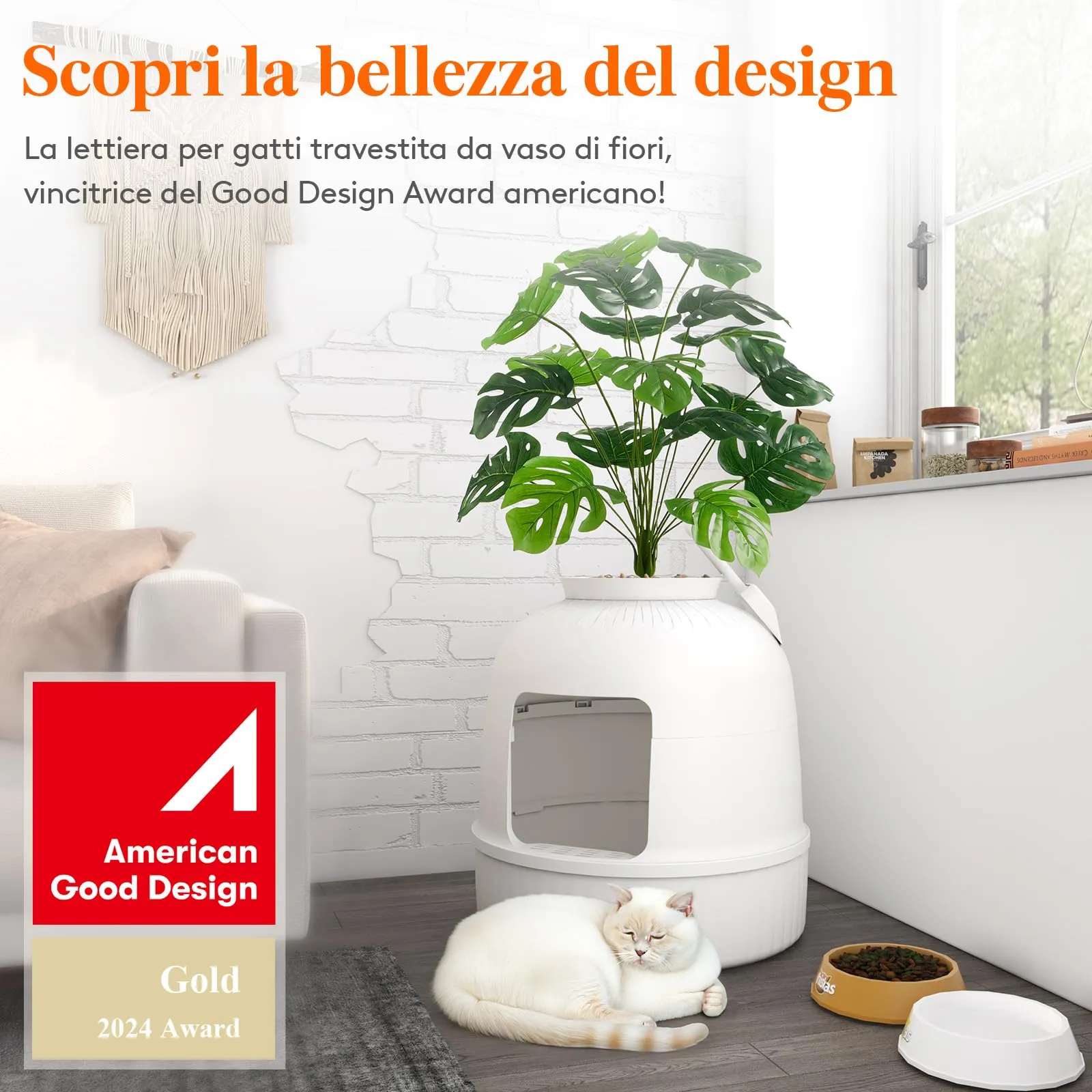 Lifewit Lettiera Gatto con Deodorante e Filtro a Carboni Attivi, Toilette per Gatti per Soggiorno, Camera da Letto e Angoli, Lettiera a Forma di Vaso con Pianta Finta e Paletta, 48 x 120 cm, Bianco - immagine 2