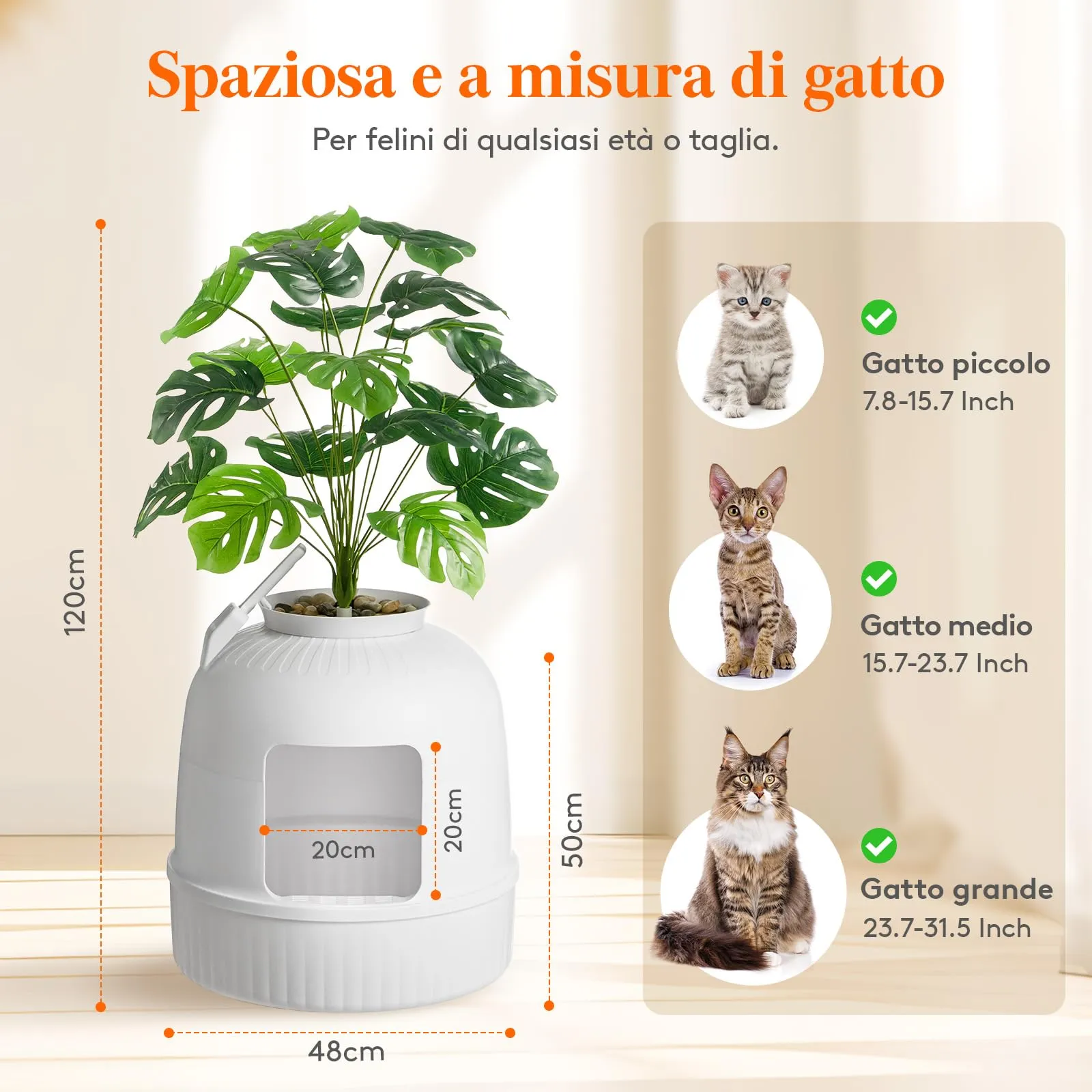 Lifewit Lettiera Gatto con Deodorante e Filtro a Carboni Attivi, Toilette per Gatti per Soggiorno, Camera da Letto e Angoli, Lettiera a Forma di Vaso con Pianta Finta e Paletta, 48 x 120 cm, Bianco - immagine 3