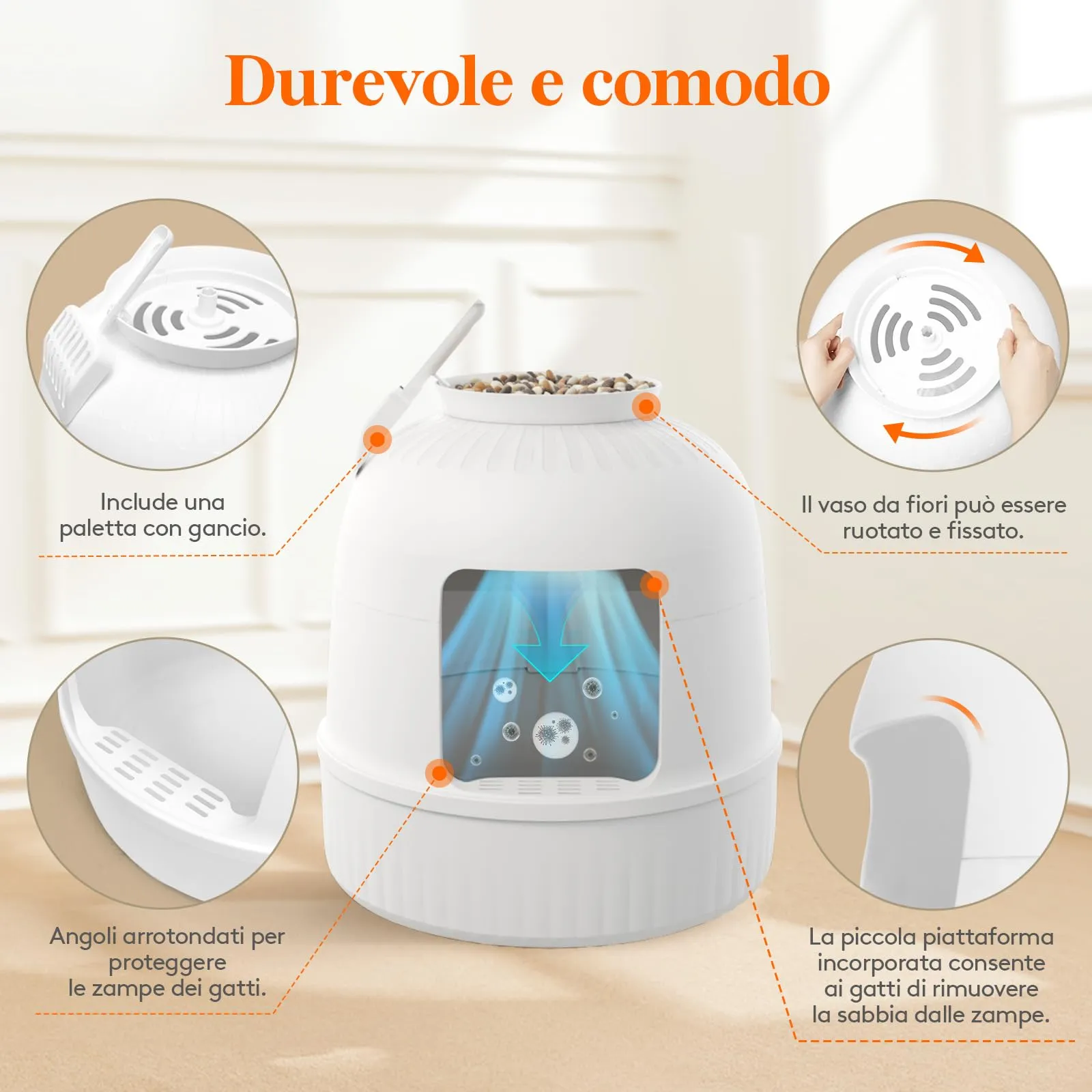 Lifewit Lettiera Gatto con Deodorante e Filtro a Carboni Attivi, Toilette per Gatti per Soggiorno, Camera da Letto e Angoli, Lettiera a Forma di Vaso con Pianta Finta e Paletta, 48 x 120 cm, Bianco - immagine 6