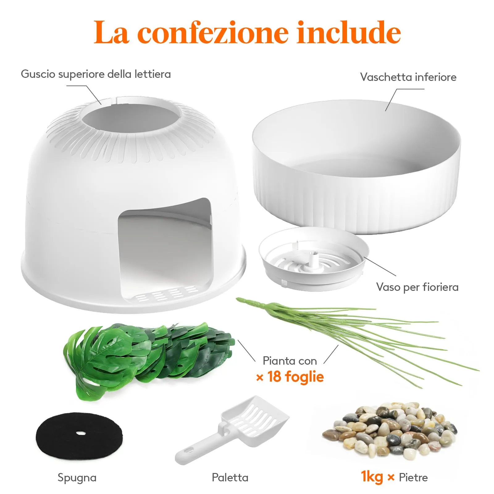 Lifewit Lettiera Gatto con Deodorante e Filtro a Carboni Attivi, Toilette per Gatti per Soggiorno, Camera da Letto e Angoli, Lettiera a Forma di Vaso con Pianta Finta e Paletta, 48 x 120 cm, Bianco - immagine 7