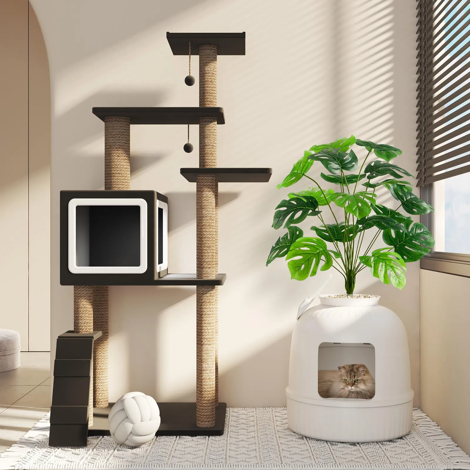 Lifewit Lettiera Gatto con Deodorante e Filtro a Carboni Attivi, Toilette per Gatti per Soggiorno, Camera da Letto e Angoli, Lettiera a Forma di Vaso con Pianta Finta e Paletta, 48 x 120 cm, Bianco - immagine 8