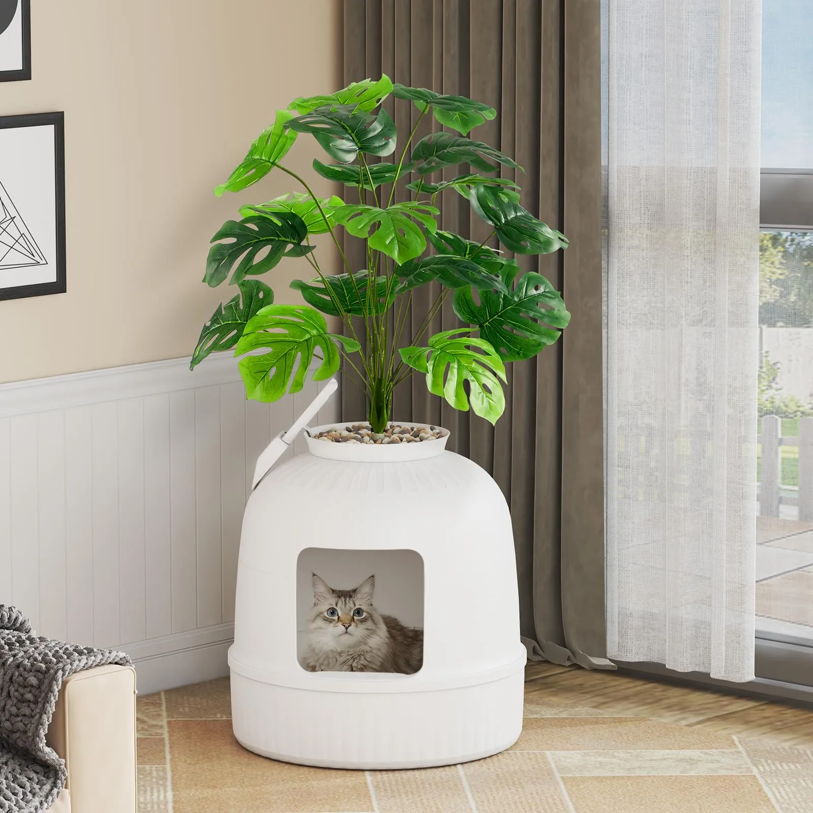 Lifewit Lettiera Gatto con Deodorante e Filtro a Carboni Attivi, Toilette per Gatti per Soggiorno, Camera da Letto e Angoli, Lettiera a Forma di Vaso con Pianta Finta e Paletta, 48 x 120 cm, Bianco - immagine 9