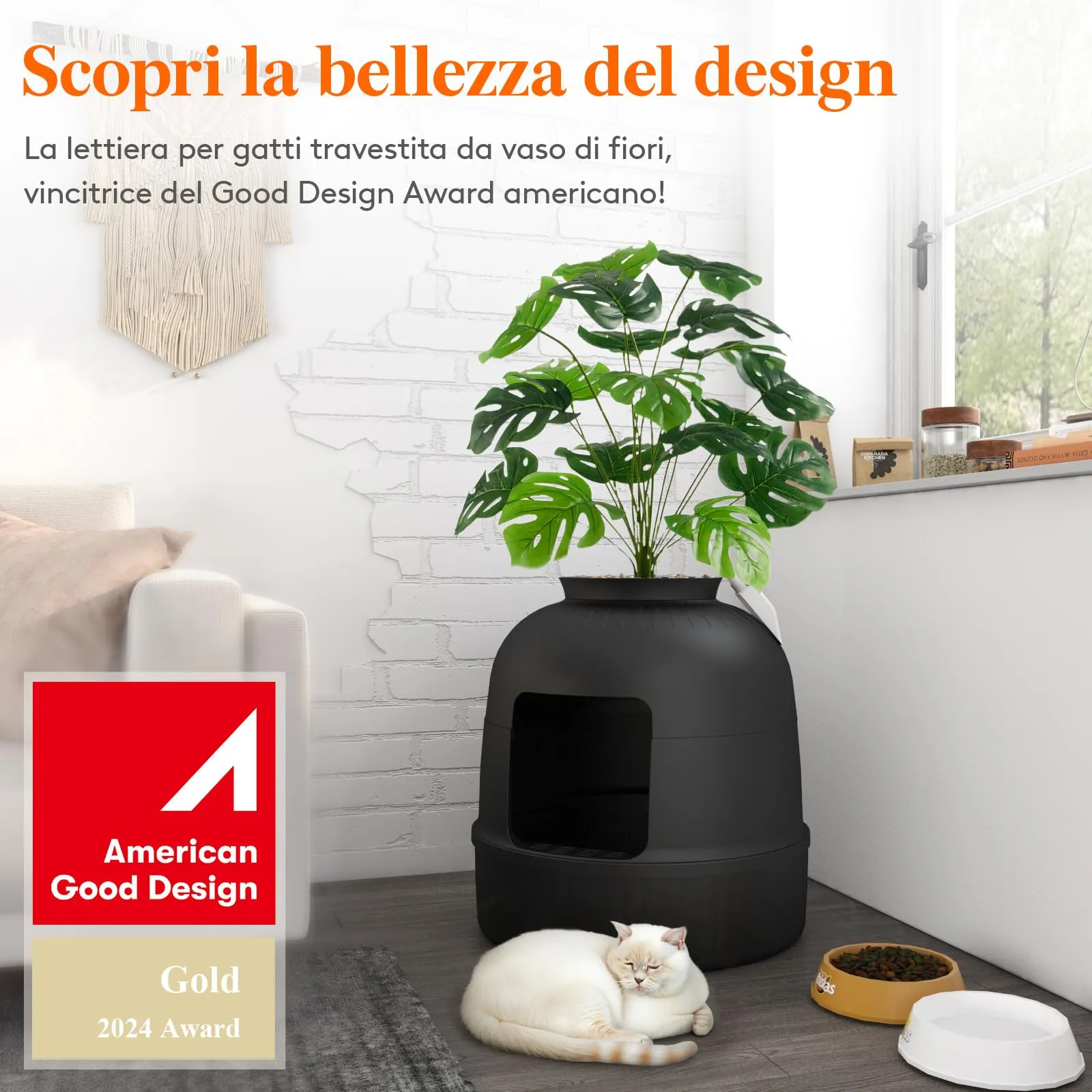 Lifewit Lettiera Gatto con Deodorante e Filtro a Carboni Attivi, Toilette per Gatti per Soggiorno, Camera da Letto e Angoli, Lettiera a Forma di Vaso con Pianta Finta e Paletta, 48 x 120 cm, Nera - immagine 2