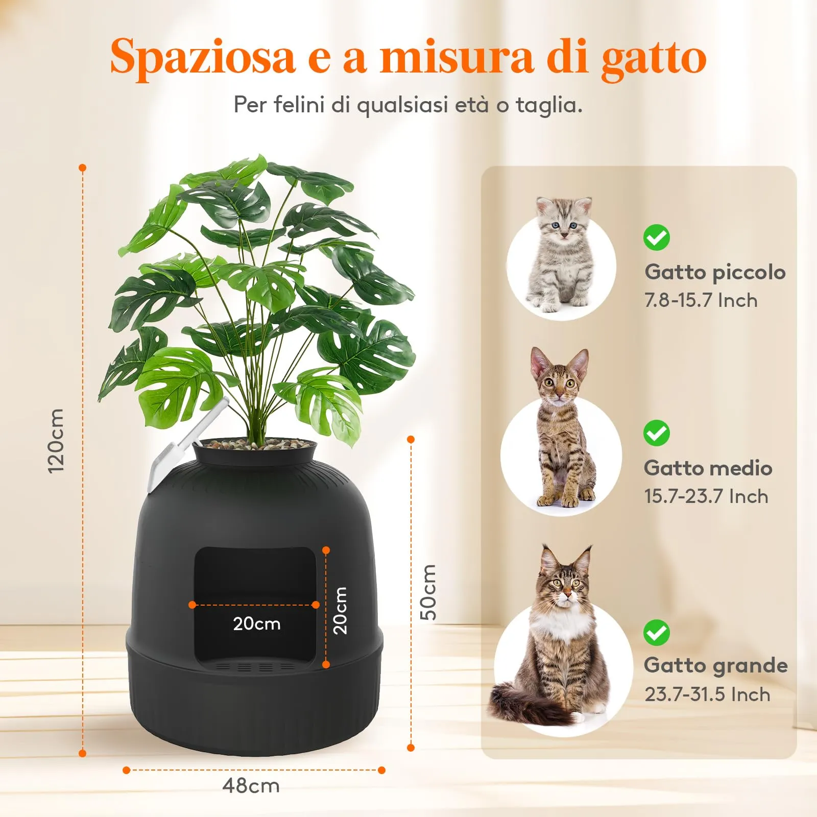 Lifewit Lettiera Gatto con Deodorante e Filtro a Carboni Attivi, Toilette per Gatti per Soggiorno, Camera da Letto e Angoli, Lettiera a Forma di Vaso con Pianta Finta e Paletta, 48 x 120 cm, Nera - immagine 3