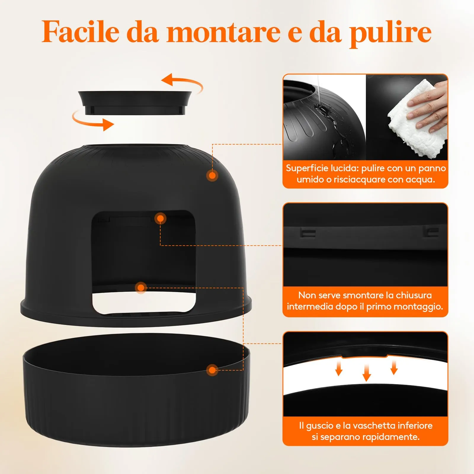 Lifewit Lettiera Gatto con Deodorante e Filtro a Carboni Attivi, Toilette per Gatti per Soggiorno, Camera da Letto e Angoli, Lettiera a Forma di Vaso con Pianta Finta e Paletta, 48 x 120 cm, Nera - immagine 4