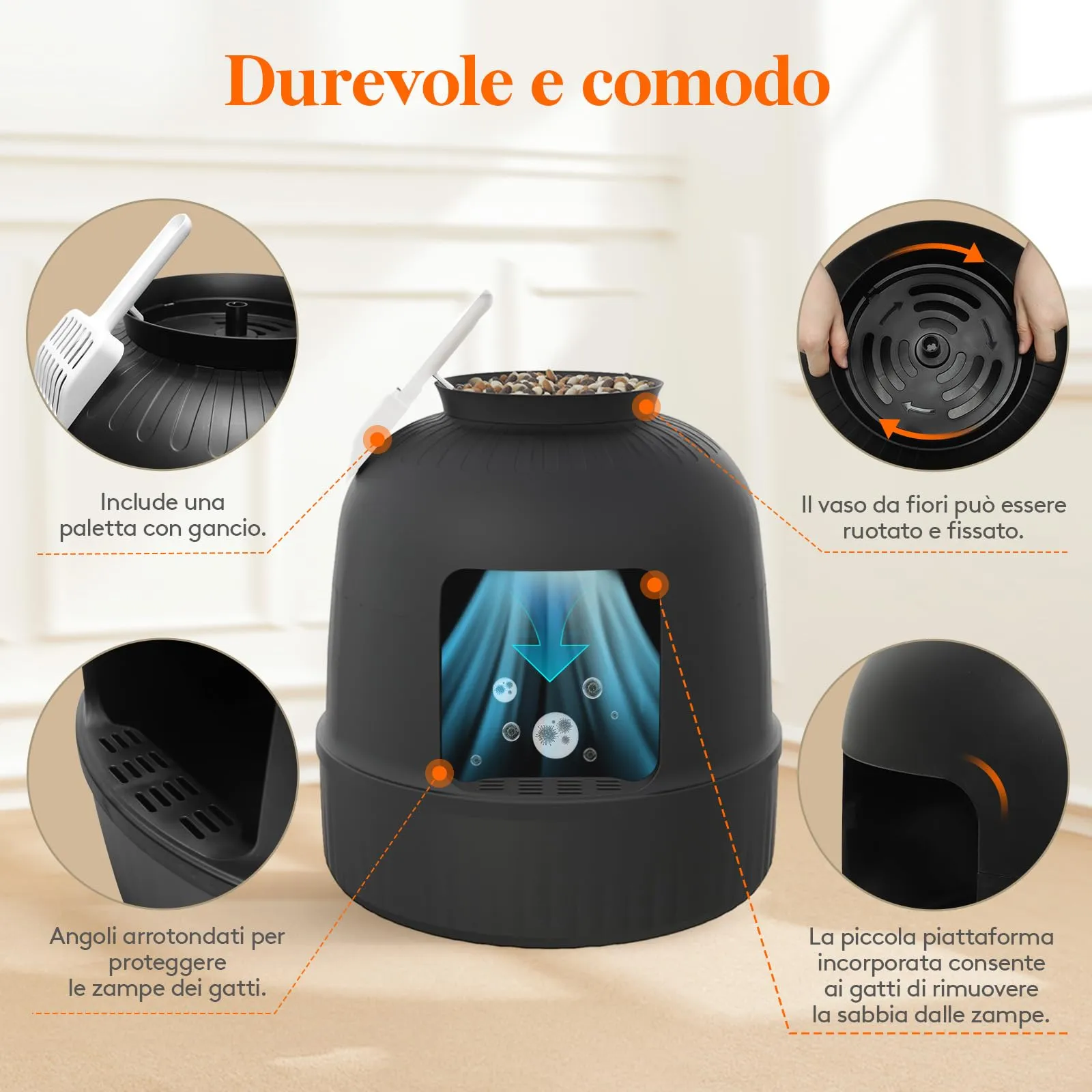 Lifewit Lettiera Gatto con Deodorante e Filtro a Carboni Attivi, Toilette per Gatti per Soggiorno, Camera da Letto e Angoli, Lettiera a Forma di Vaso con Pianta Finta e Paletta, 48 x 120 cm, Nera - immagine 6