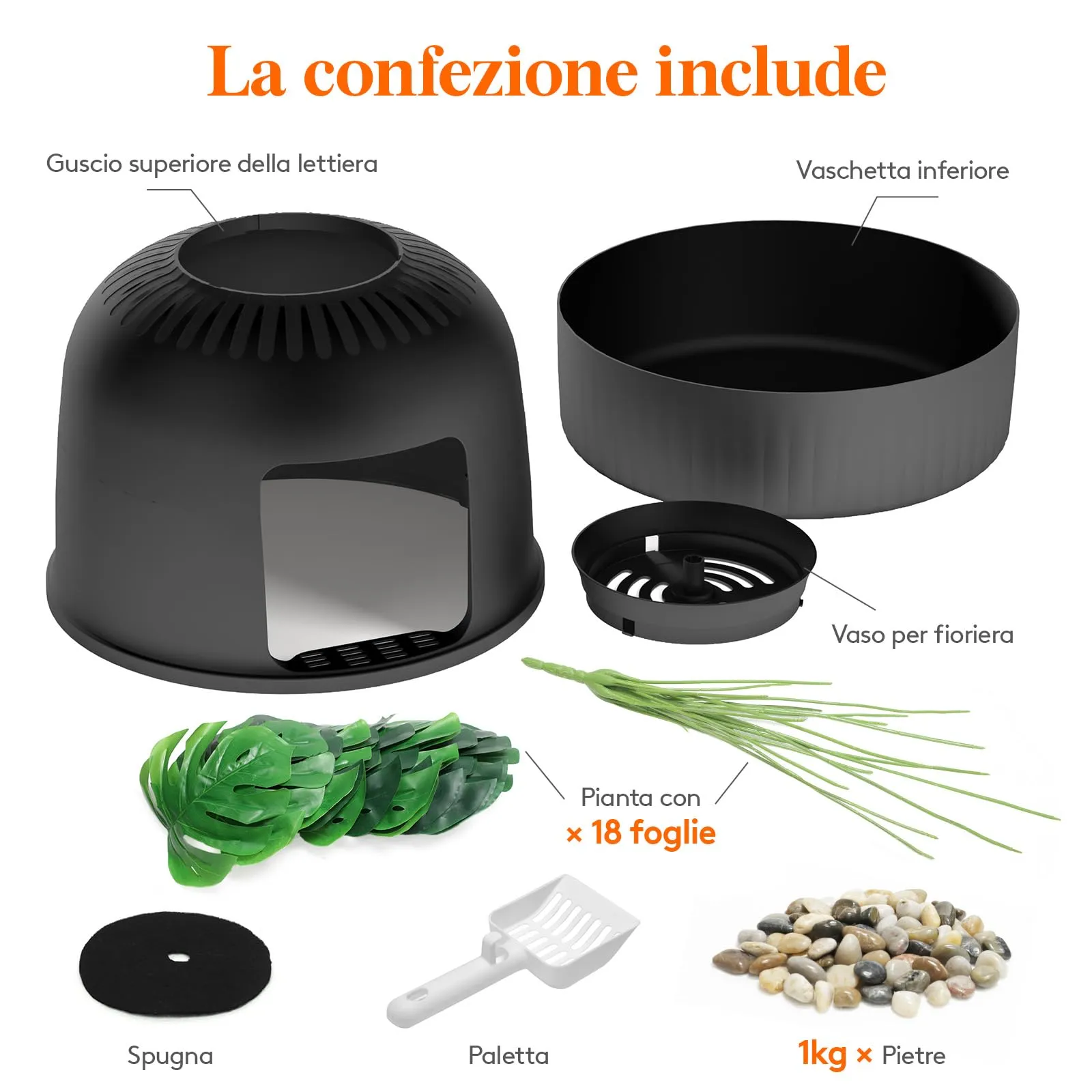 Lifewit Lettiera Gatto con Deodorante e Filtro a Carboni Attivi, Toilette per Gatti per Soggiorno, Camera da Letto e Angoli, Lettiera a Forma di Vaso con Pianta Finta e Paletta, 48 x 120 cm, Nera - immagine 7