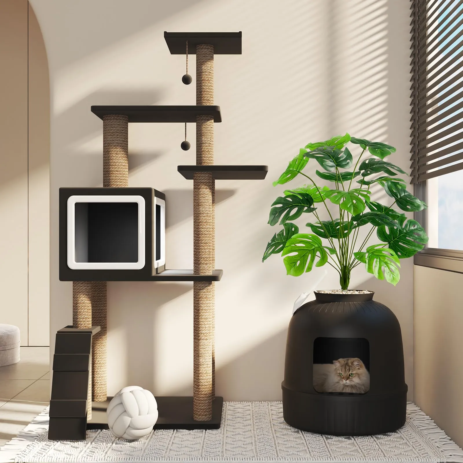Lifewit Lettiera Gatto con Deodorante e Filtro a Carboni Attivi, Toilette per Gatti per Soggiorno, Camera da Letto e Angoli, Lettiera a Forma di Vaso con Pianta Finta e Paletta, 48 x 120 cm, Nera - immagine 8
