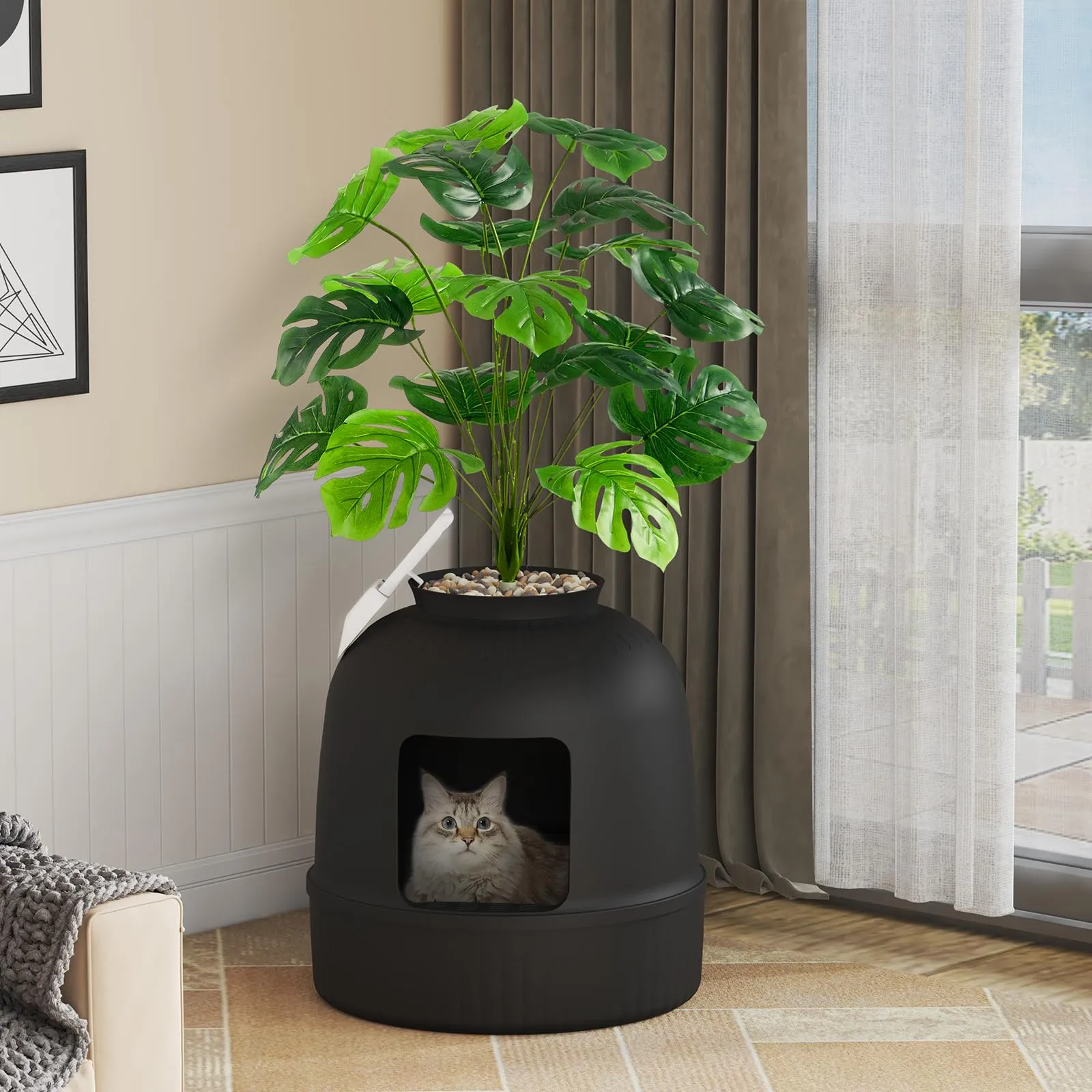 Lifewit Lettiera Gatto con Deodorante e Filtro a Carboni Attivi, Toilette per Gatti per Soggiorno, Camera da Letto e Angoli, Lettiera a Forma di Vaso con Pianta Finta e Paletta, 48 x 120 cm, Nera - immagine 9