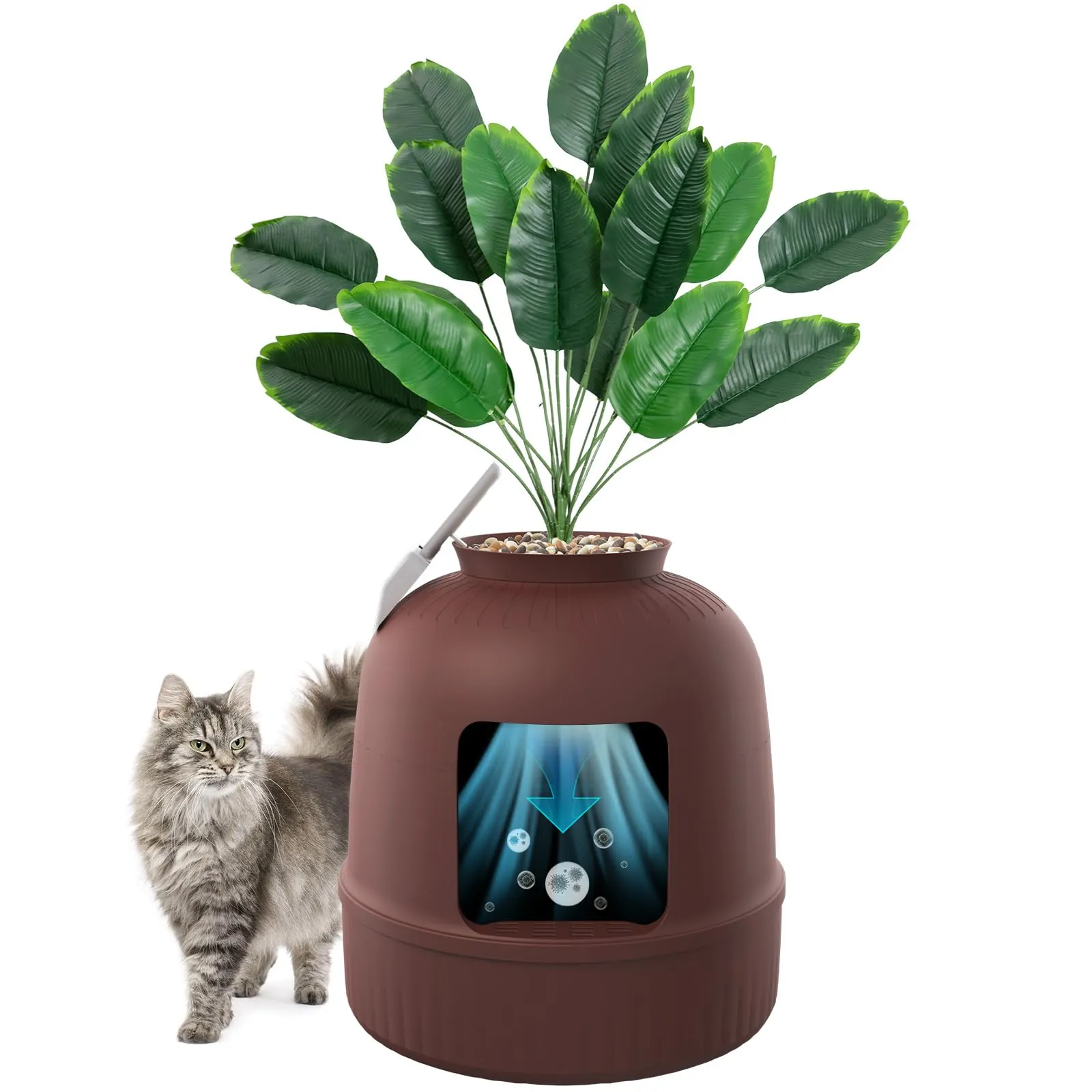 Lifewit Lettiera Gatto con Deodorante e Filtro a Carboni Attivi, Toilette per Gatti per Soggiorno, Camera da Letto e Angoli, Lettiera a Forma di Vaso con Pianta Finta e Paletta, 48 x 120 cm, Marrone - immagine 1