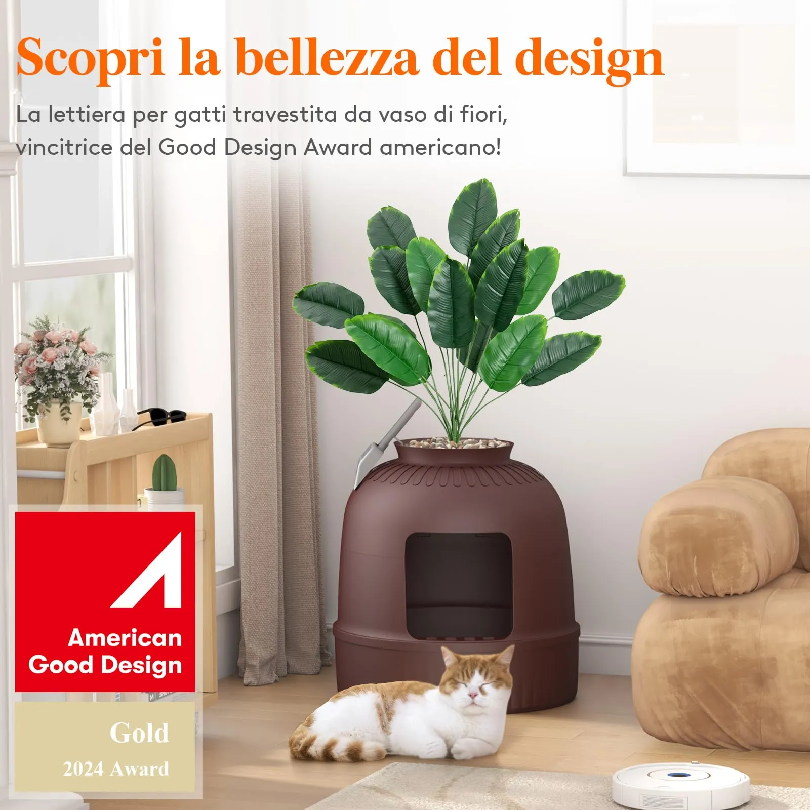 Lifewit Lettiera Gatto con Deodorante e Filtro a Carboni Attivi, Toilette per Gatti per Soggiorno, Camera da Letto e Angoli, Lettiera a Forma di Vaso con Pianta Finta e Paletta, 48 x 120 cm, Marrone - immagine 2