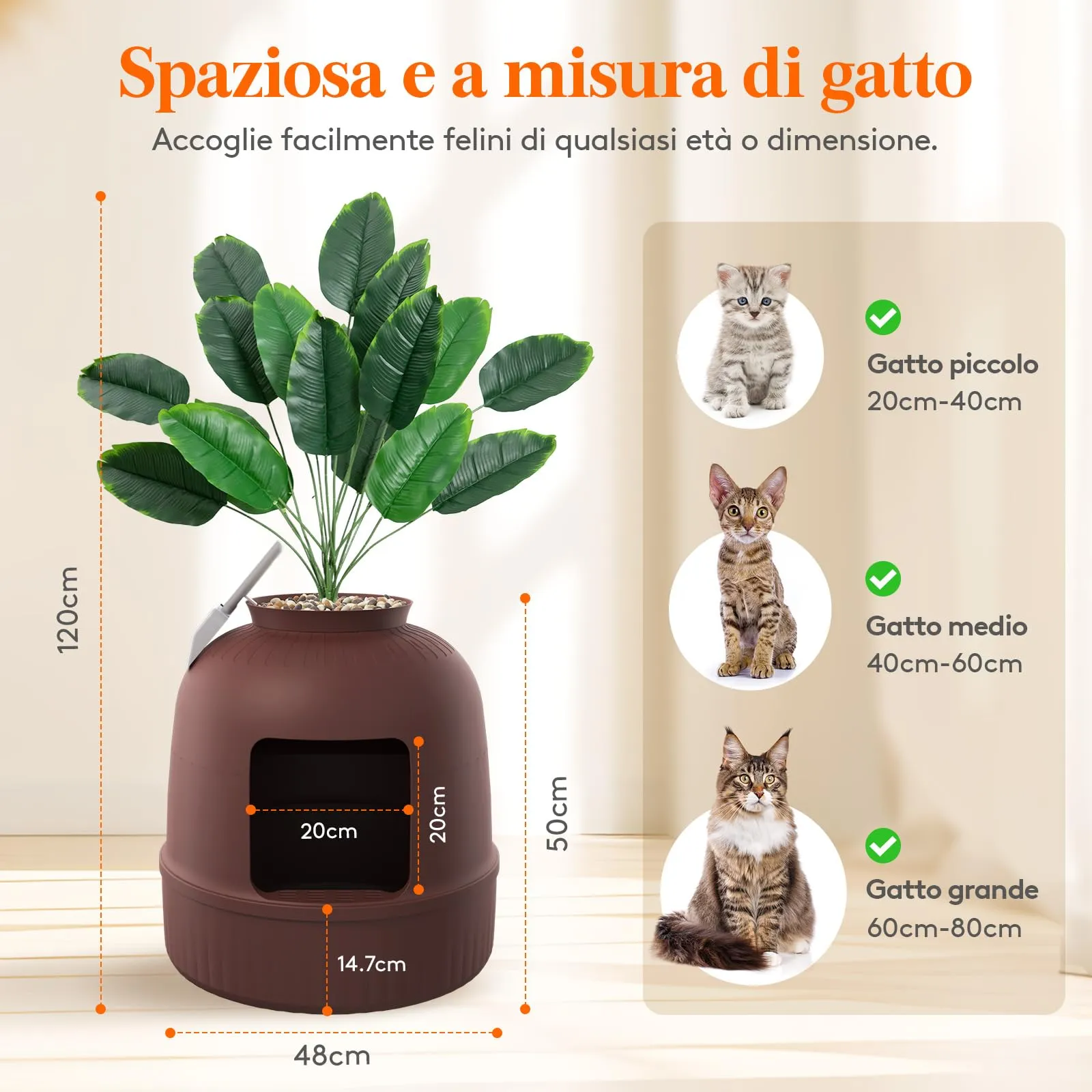 Lifewit Lettiera Gatto con Deodorante e Filtro a Carboni Attivi, Toilette per Gatti per Soggiorno, Camera da Letto e Angoli, Lettiera a Forma di Vaso con Pianta Finta e Paletta, 48 x 120 cm, Marrone - immagine 4
