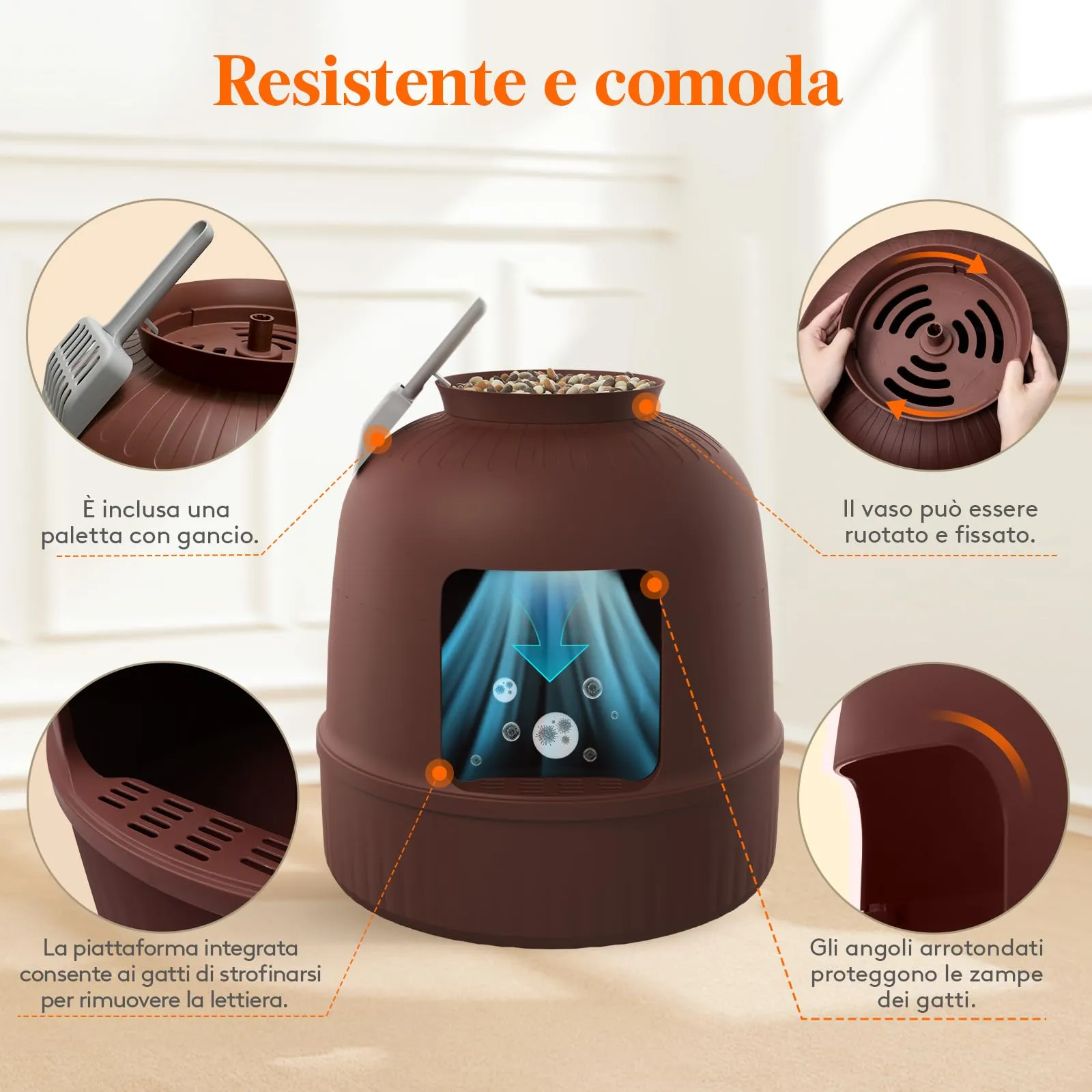 Lifewit Lettiera Gatto con Deodorante e Filtro a Carboni Attivi, Toilette per Gatti per Soggiorno, Camera da Letto e Angoli, Lettiera a Forma di Vaso con Pianta Finta e Paletta, 48 x 120 cm, Marrone - immagine 7