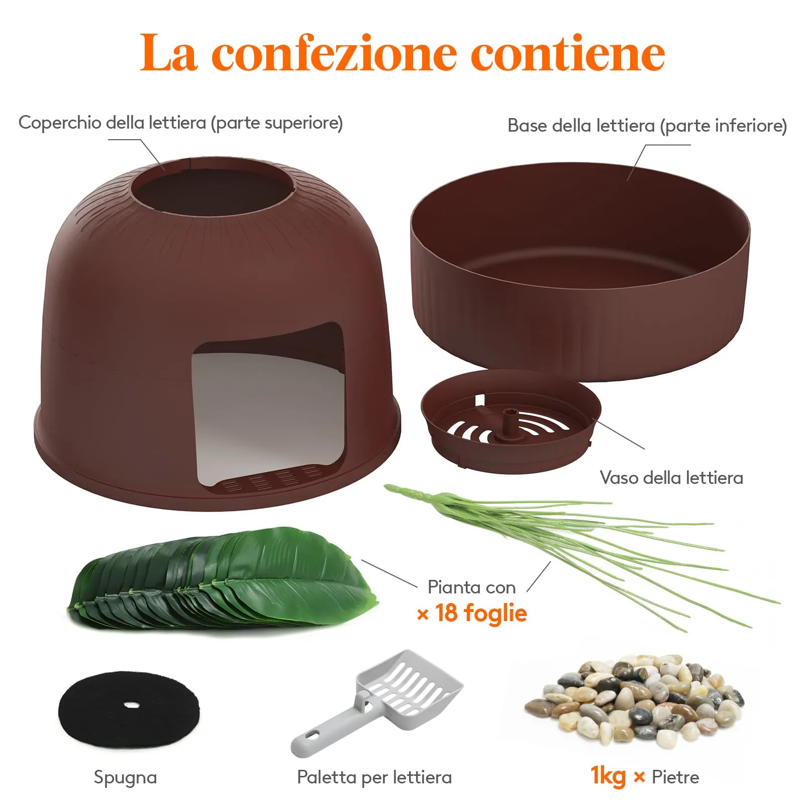 Lifewit Lettiera Gatto con Deodorante e Filtro a Carboni Attivi, Toilette per Gatti per Soggiorno, Camera da Letto e Angoli, Lettiera a Forma di Vaso con Pianta Finta e Paletta, 48 x 120 cm, Marrone - immagine 8