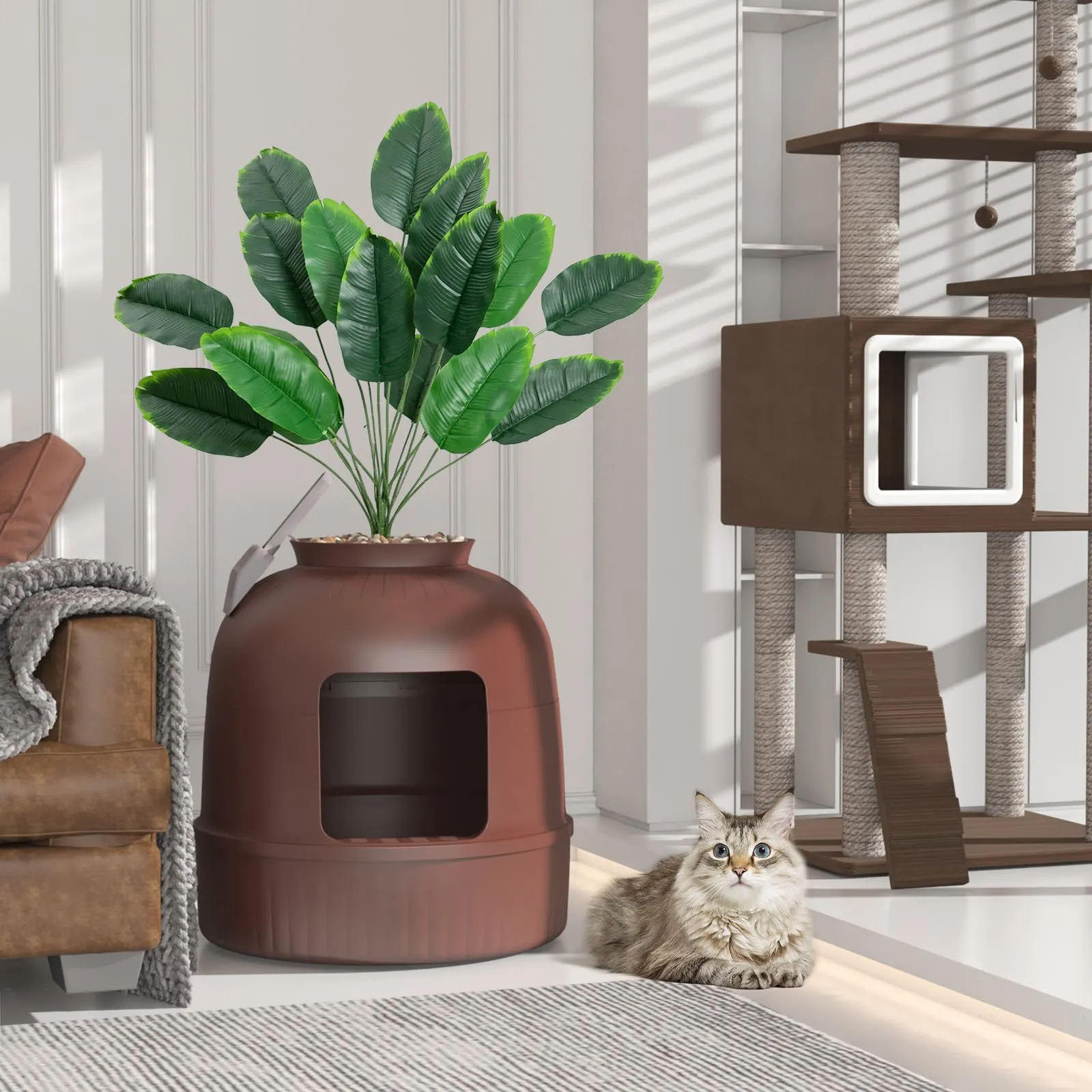 Lifewit Lettiera Gatto con Deodorante e Filtro a Carboni Attivi, Toilette per Gatti per Soggiorno, Camera da Letto e Angoli, Lettiera a Forma di Vaso con Pianta Finta e Paletta, 48 x 120 cm, Marrone - immagine 9