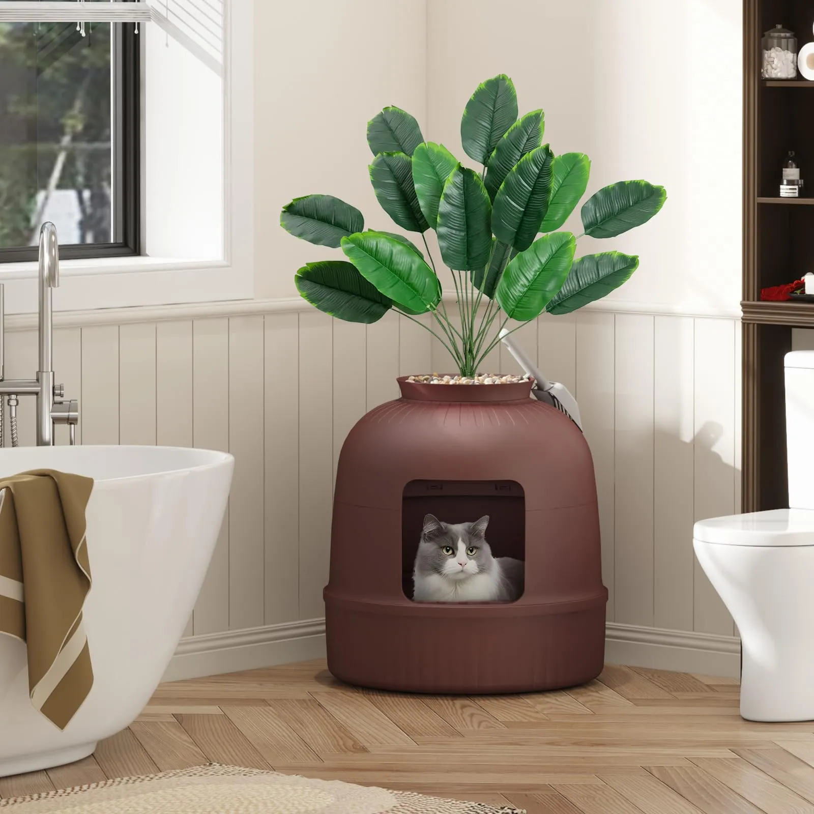 Lifewit Lettiera Gatto con Deodorante e Filtro a Carboni Attivi, Toilette per Gatti per Soggiorno, Camera da Letto e Angoli, Lettiera a Forma di Vaso con Pianta Finta e Paletta, 48 x 120 cm, Marrone - immagine 10