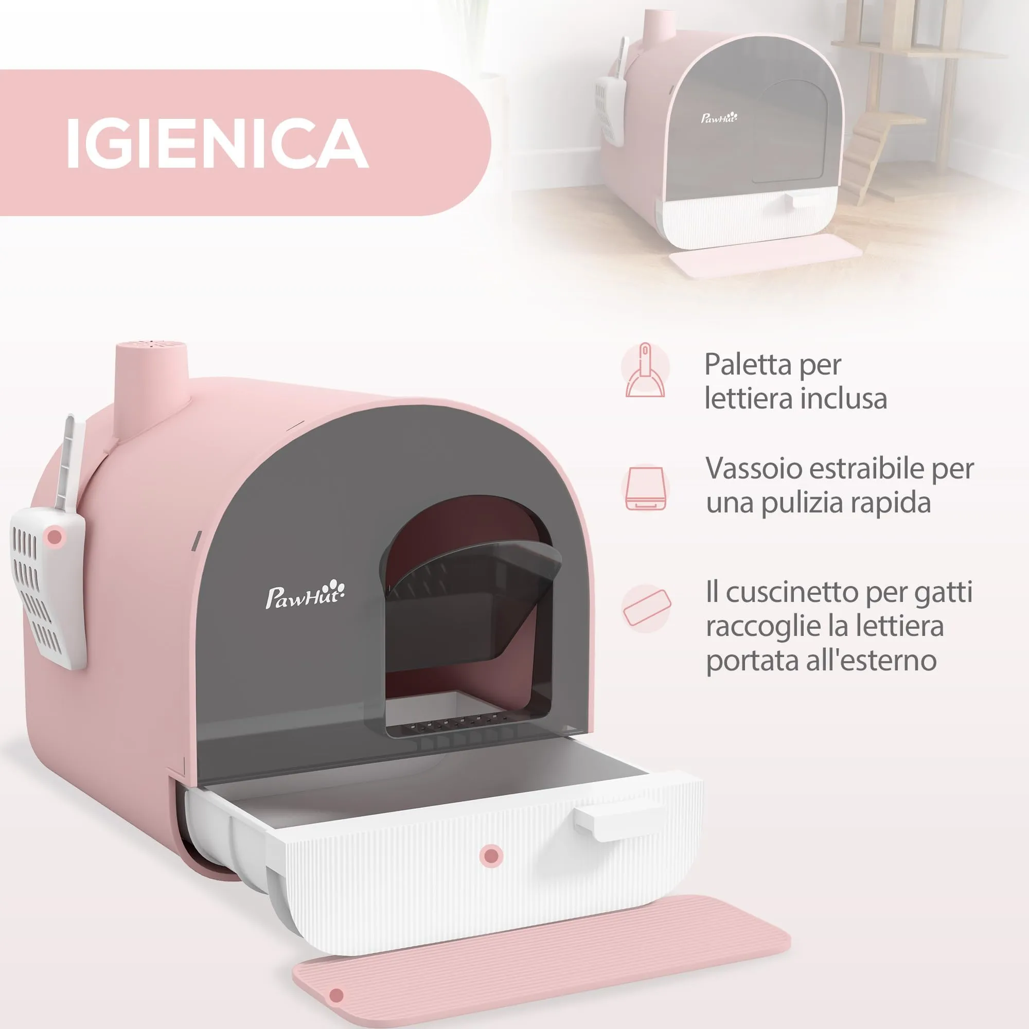PawHut Lettiera per Gatti Chiusa, Vassoio Estraibile, Rosa - immagine 3