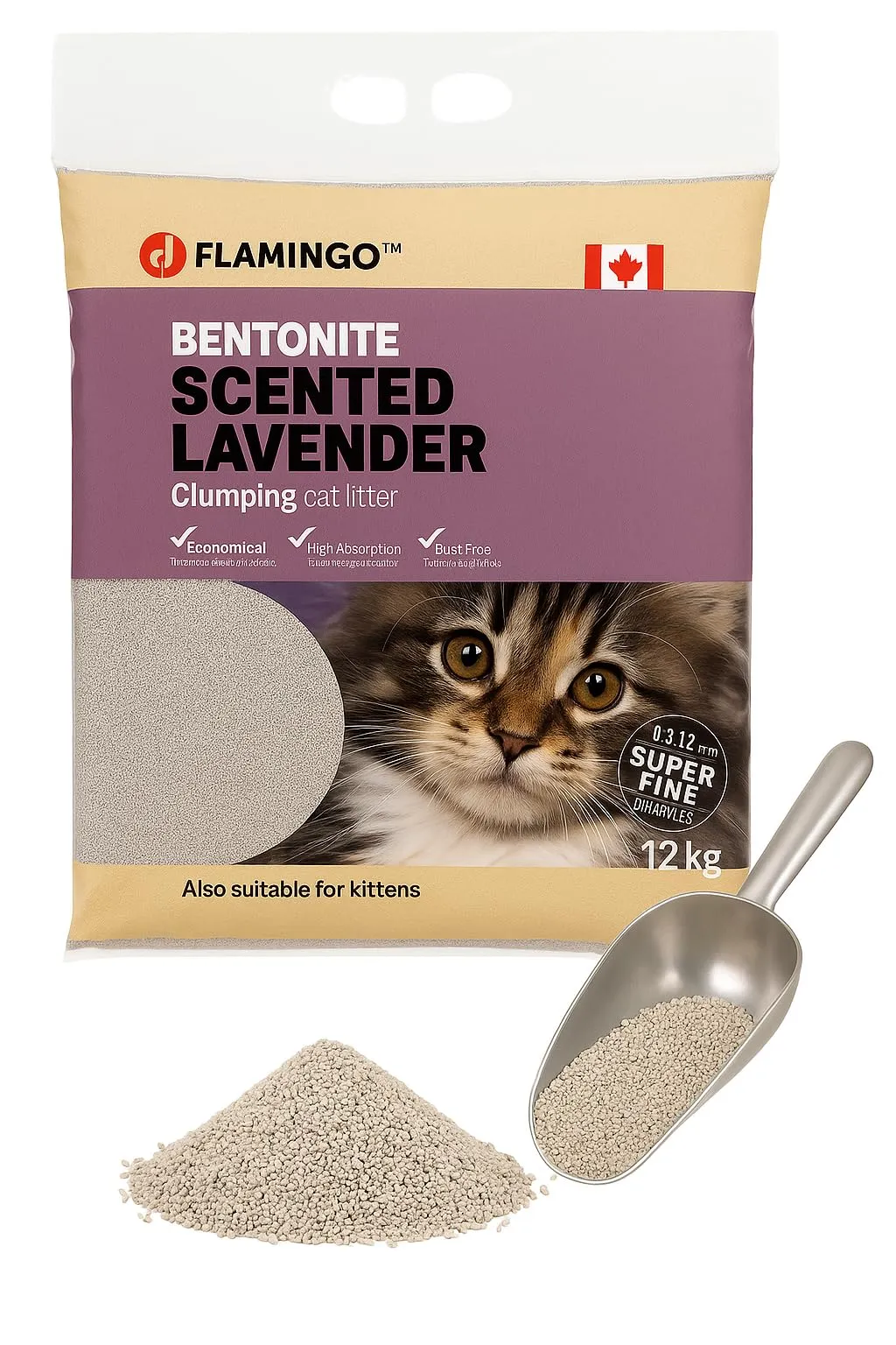 Flamingo Lettiera per gatti - lettiera agglomerante - Profumo di lavanda - 12L (12KG) per 10 settimane - Origine Canada - adatta anche per gattini Ideale per 1 o più gatti - immagine 1