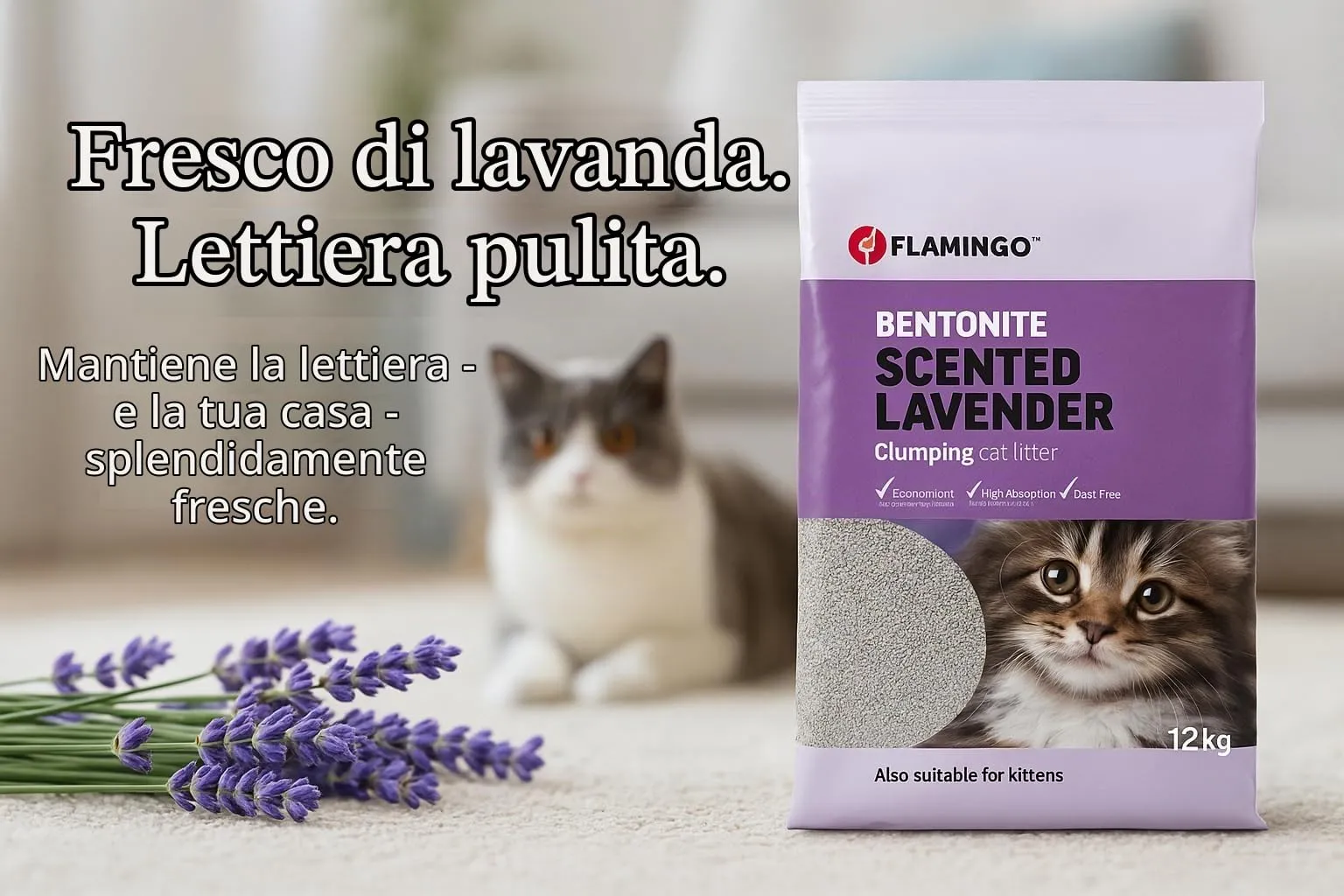 Flamingo Lettiera per gatti - lettiera agglomerante - Profumo di lavanda - 12L (12KG) per 10 settimane - Origine Canada - adatta anche per gattini Ideale per 1 o più gatti - immagine 6