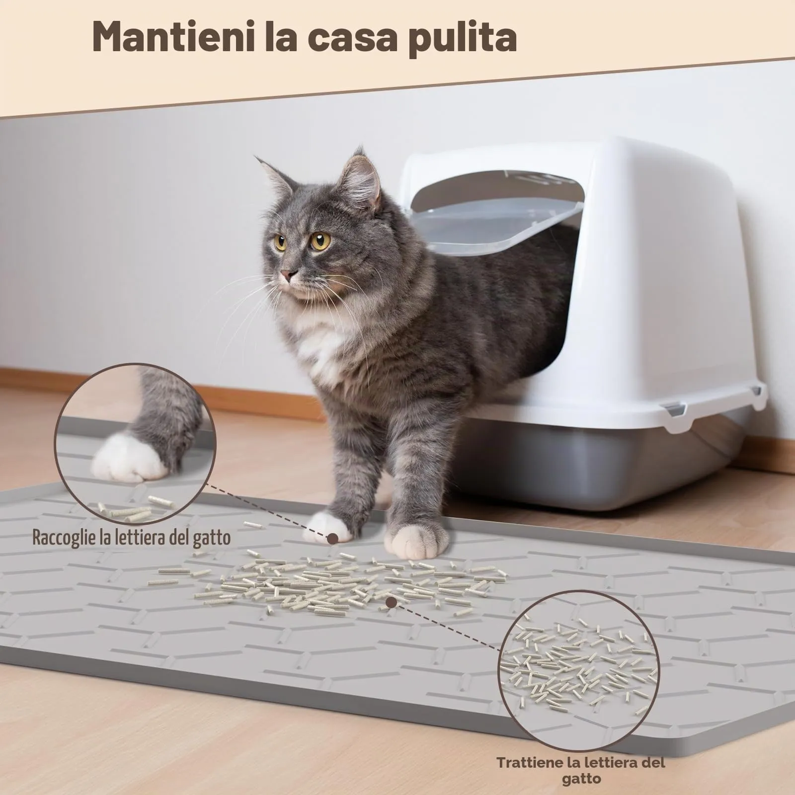 Garoopion Tappetino Lettiera Gatto Silicone, Grande 86x56cm, Grigio - immagine 2