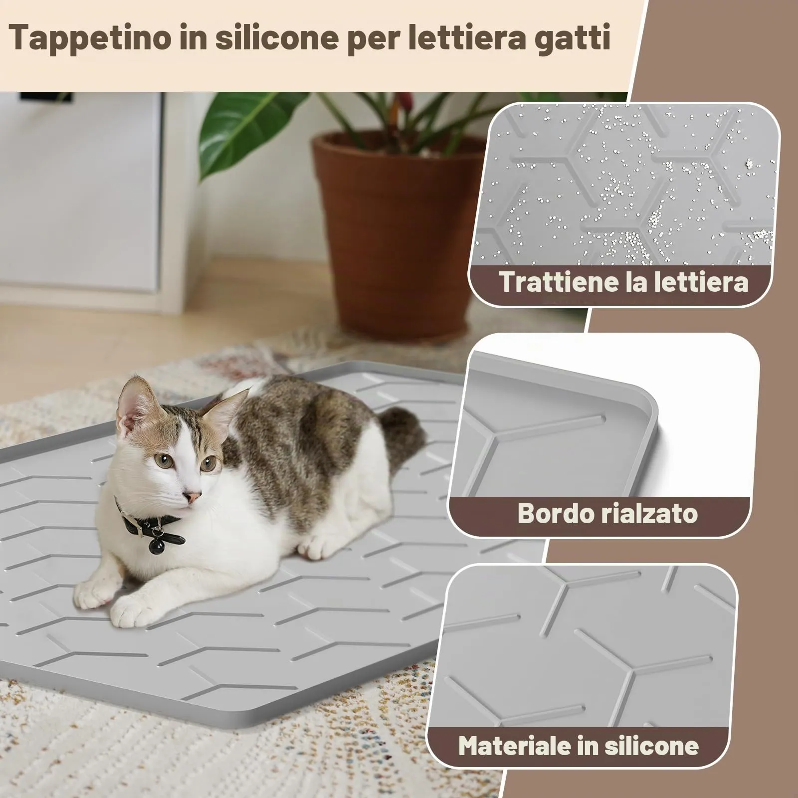 Garoopion Tappetino Lettiera Gatto Silicone, Grande 86x56cm, Grigio - immagine 3