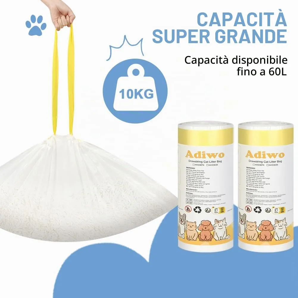 Adiwo Sacchetti Lettiera Gatto, 20 pezzi Sacchetti per Escrementi per Gatti con Coulisse Sacchi Resistenti ai Graffi 90x46cm con Maniglia per il Trasporto, Durevole, Resistente agli Strappi - immagine 4