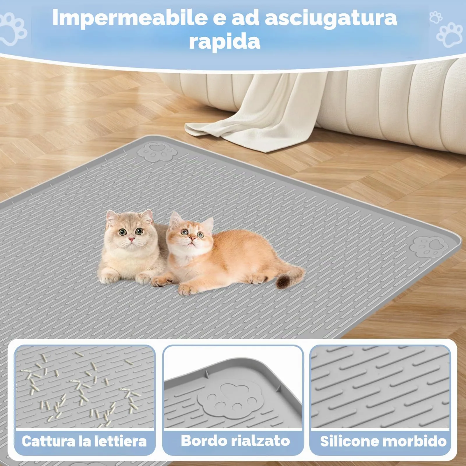 Bartuke Tappetino Lettiera Gatto, Tappetino per lettiera per Gatti in Silicone Extra Large 40 "x 28" per Il Controllo a dispersione, Morbido su Zampe di Gattino, Facile da Pulire (Grigio) - immagine 3