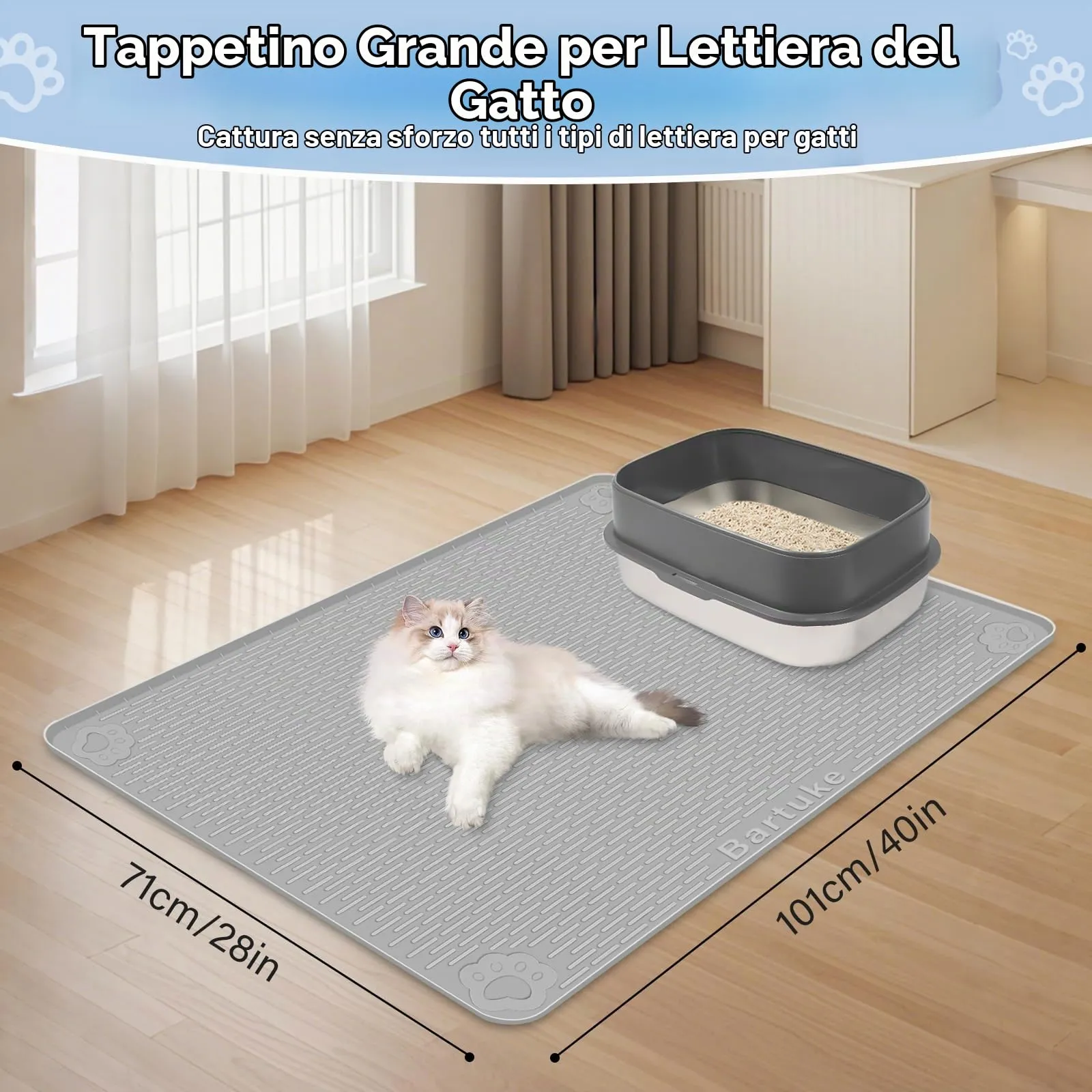 Bartuke Tappetino Lettiera Gatto, Tappetino per lettiera per Gatti in Silicone Extra Large 40 "x 28" per Il Controllo a dispersione, Morbido su Zampe di Gattino, Facile da Pulire (Grigio) - immagine 4
