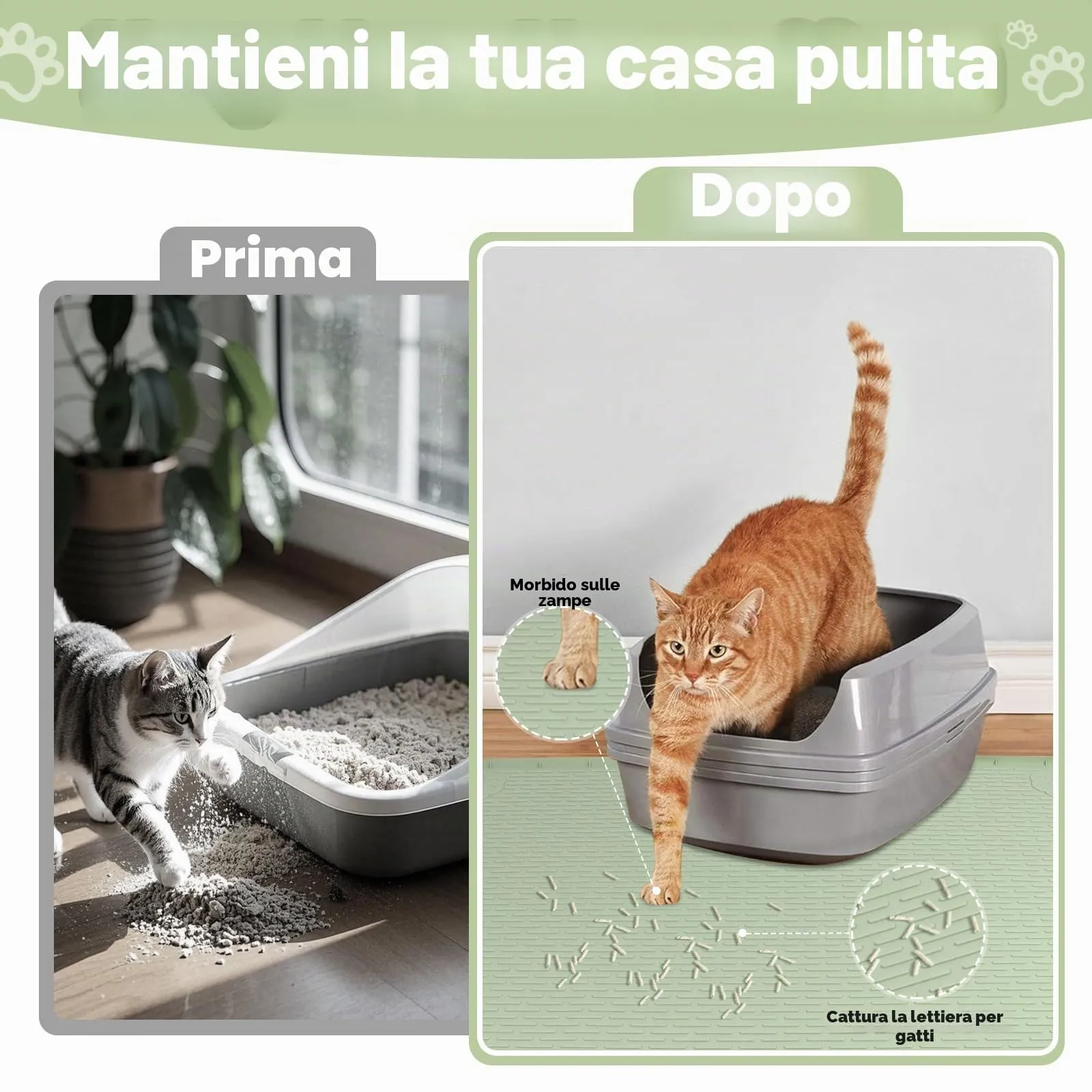 Bartuke Tappetino Lettiera Gatto, Tappetino per lettiera per Gatti in Silicone Extra Large 40 "x 28" per Il Controllo a dispersione, Morbido su Zampe di Gattino, Facile da Pulire (Verde) - immagine 2