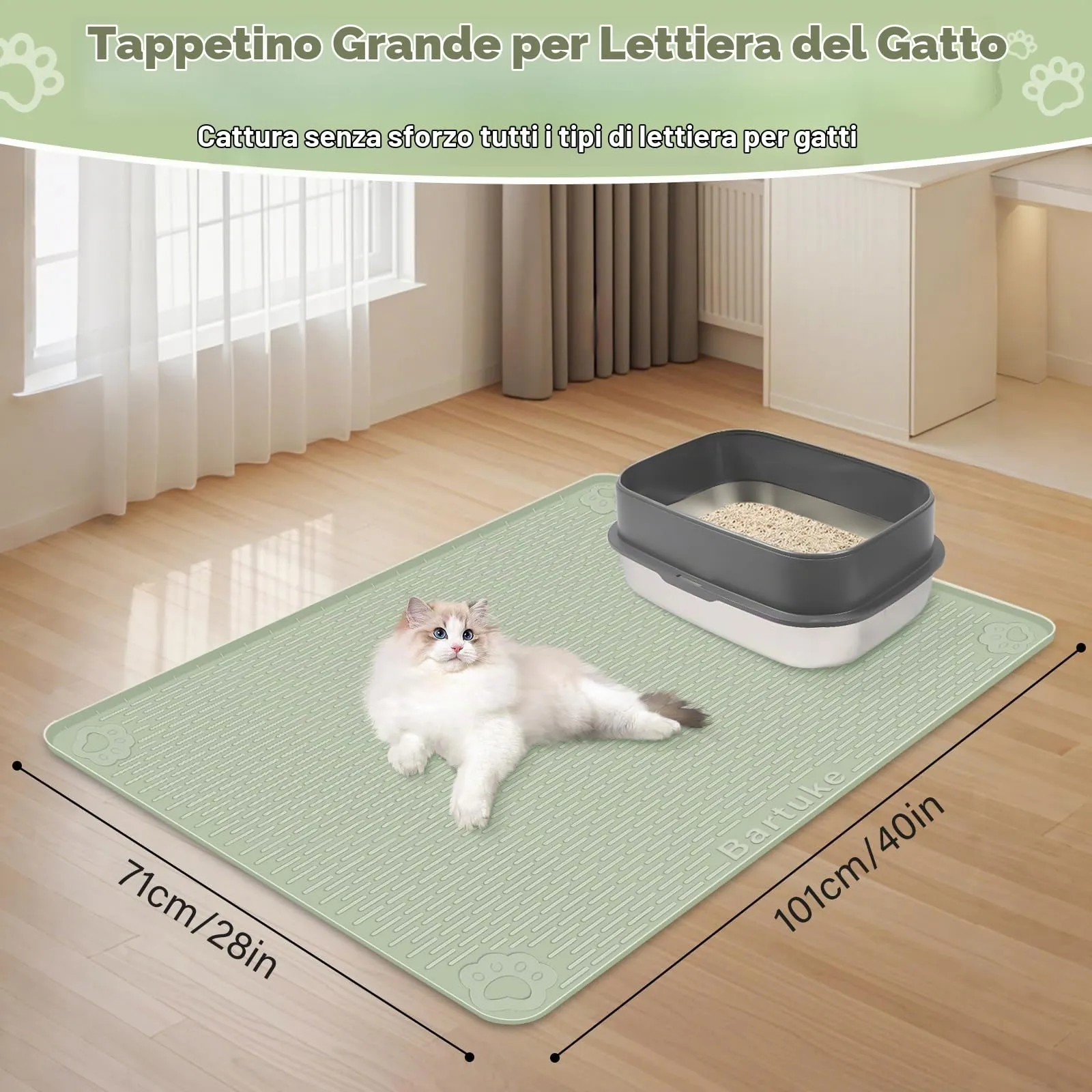 Bartuke Tappetino Lettiera Gatto, Tappetino per lettiera per Gatti in Silicone Extra Large 40 "x 28" per Il Controllo a dispersione, Morbido su Zampe di Gattino, Facile da Pulire (Verde) - immagine 4