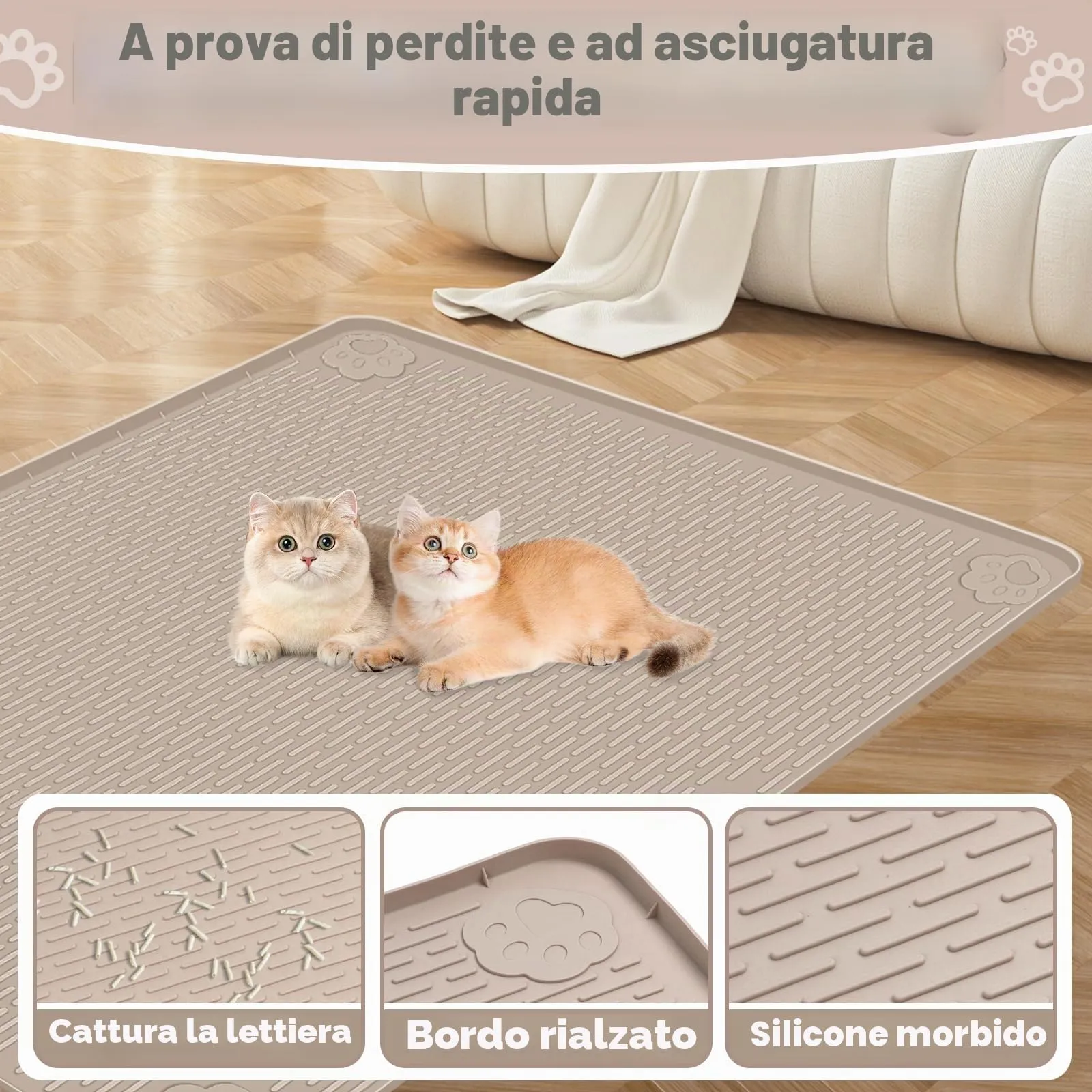 Bartuke Tappetino Lettiera Gatto, Tappetino per lettiera per Gatti in Silicone Extra Large 40 "x 28" per Il Controllo a dispersione, Morbido su Zampe di Gattino, Facile da Pulire (Kaki) - immagine 3