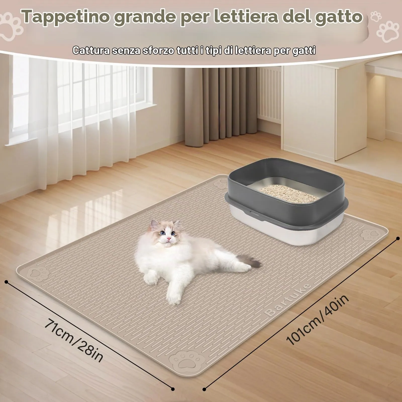 Bartuke Tappetino Lettiera Gatto, Tappetino per lettiera per Gatti in Silicone Extra Large 40 "x 28" per Il Controllo a dispersione, Morbido su Zampe di Gattino, Facile da Pulire (Kaki) - immagine 4