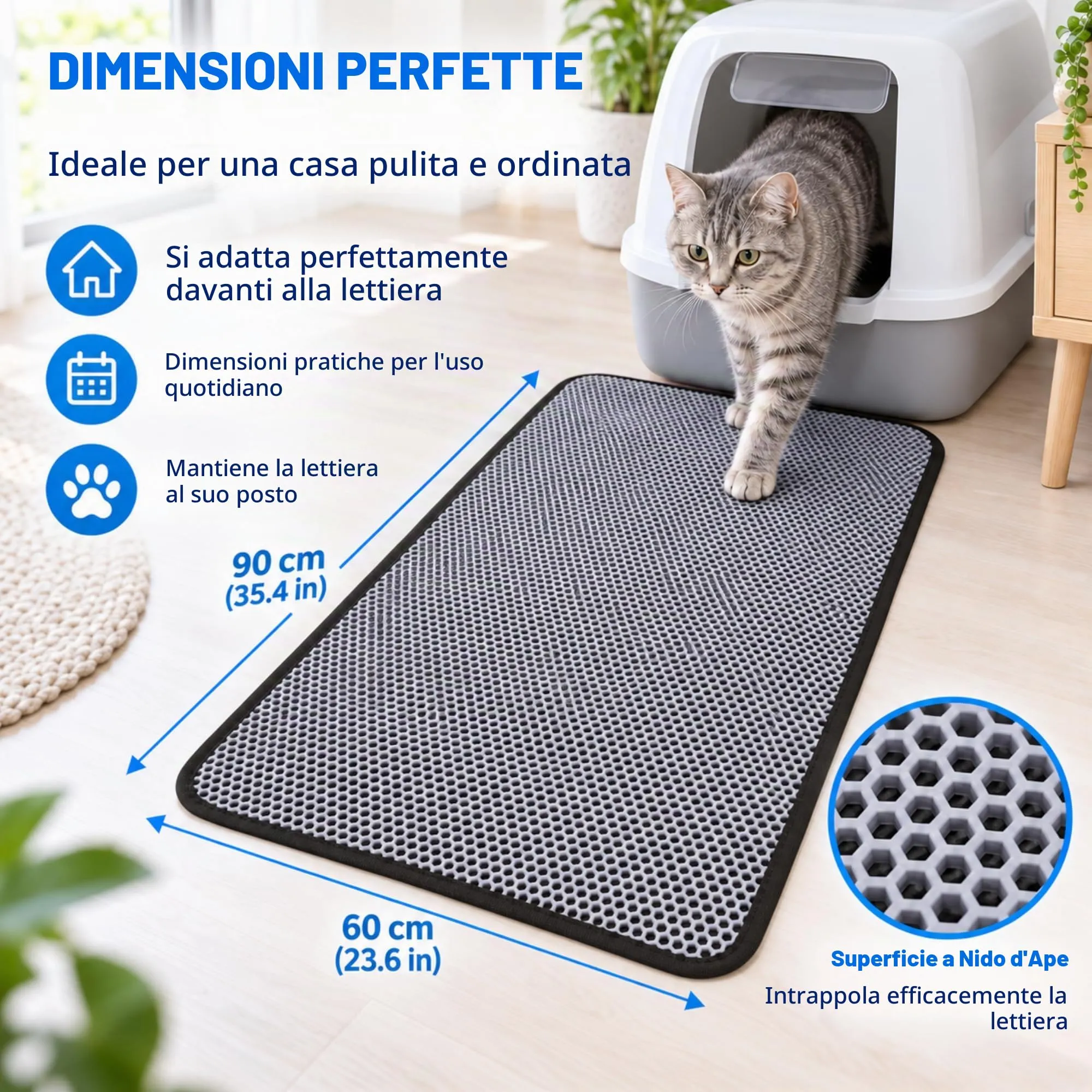 Blue Eyes Tappetino per lettiera per gatti - 60 x 90 cm - Grande tappetino per lettiera per gatti - Design a nido d'ape - Per meno lettiera in casa - 2 strati - Impermeabile - Facile da pulire - immagine 2