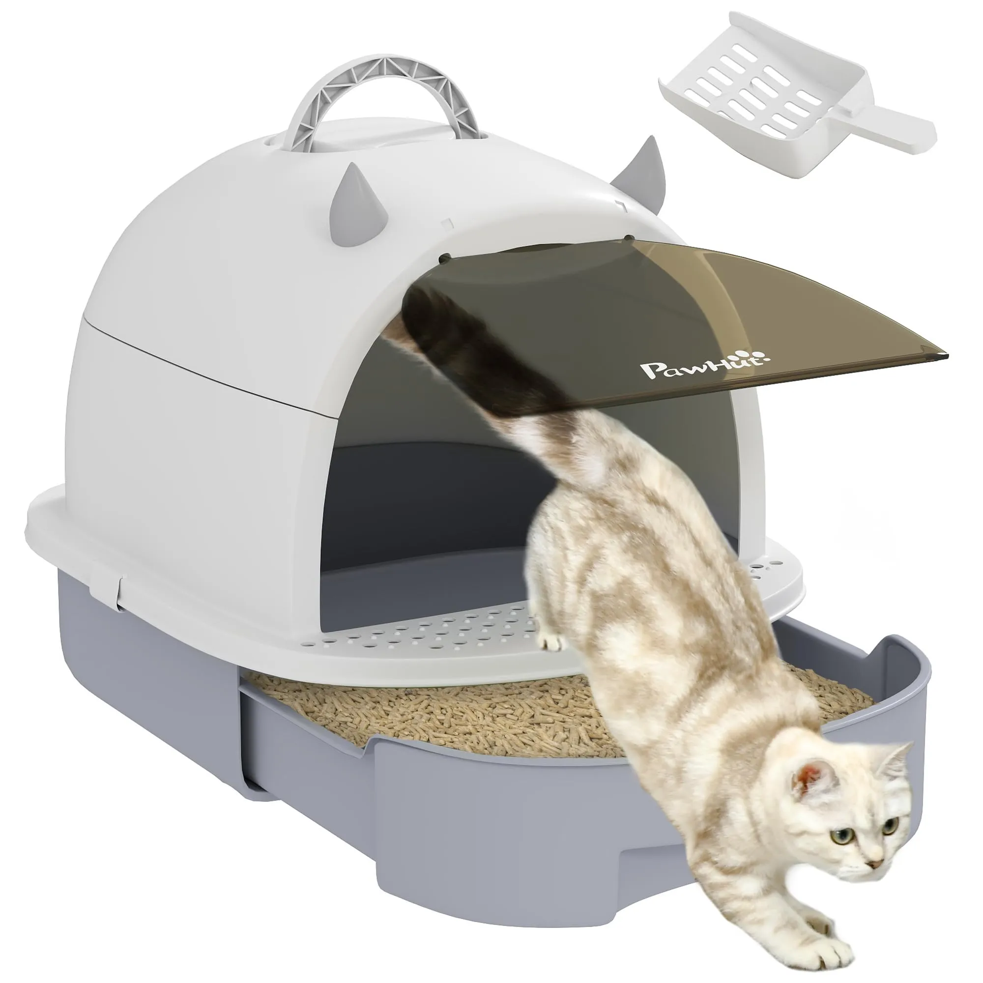 PawHut Lettiera per Gatti Chiusa con Vassoio Estraibile e Maniglia, Grigio - immagine 1