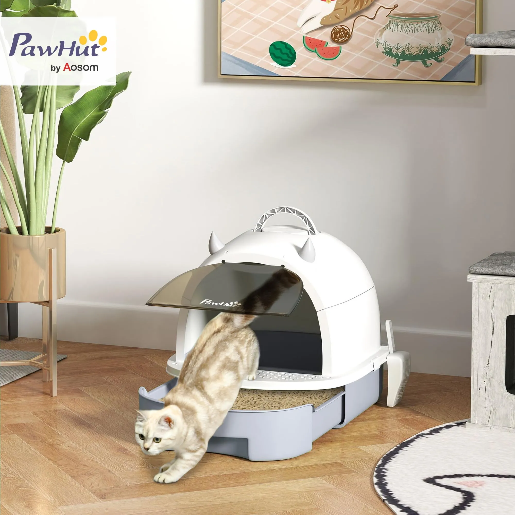 PawHut Lettiera per Gatti Chiusa con Vassoio Estraibile e Maniglia, Grigio - immagine 2