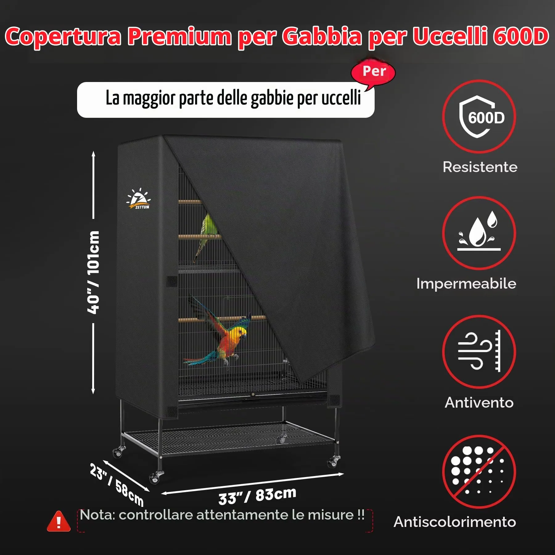 Zettum Copertura per gabbia per uccelli – Copertura antipolvere per la notte 600D, robusto e impermeabile, accessorio resistente allo sbiadimento per parrocchetti, pappagalli, calopette e altri - immagine 3
