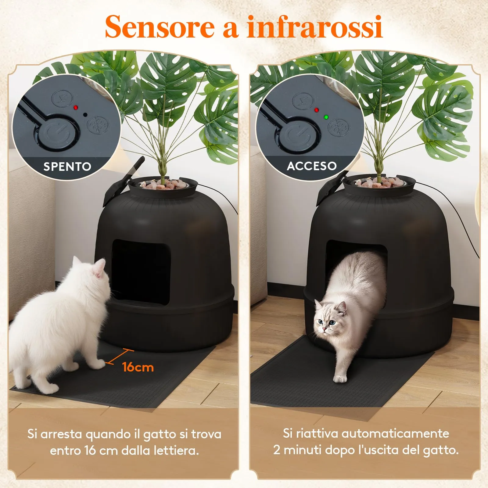 Lifewit Lettiera Gatto con Deodorante e Sensore a Infrarossi, Toilette per Gatti per Soggiorno, Camera da Letto e Angoli, Lettiera a Forma di Vaso con Pianta Finta e Paletta, 48 x 121 cm, Nera - immagine 3
